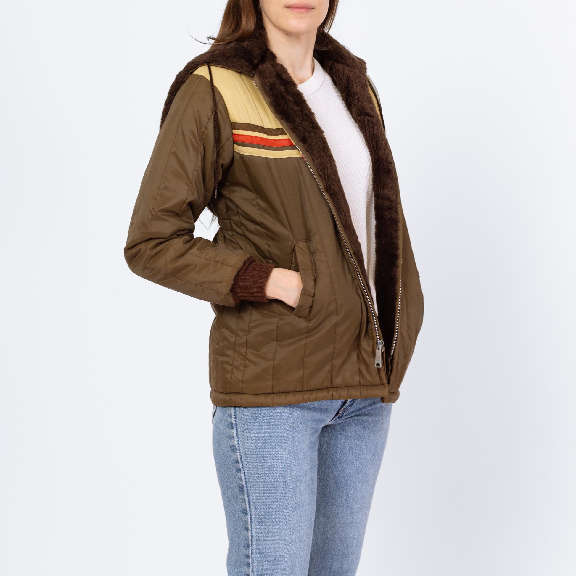 Vintage 70s Olive Brown Chevron Striped Plush Lined Jacket - Petite Extra Small | Retro Zip Up Hooded Winter Coat