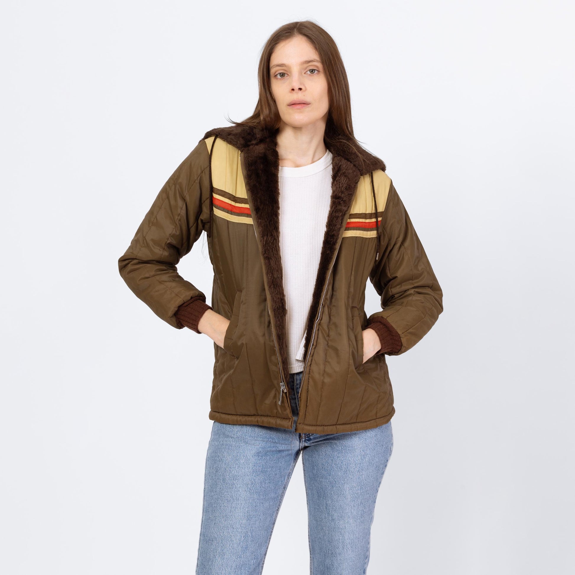 Vintage 70s Olive Brown Chevron Striped Plush Lined Jacket - Petite Extra Small | Retro Zip Up Hooded Winter Coat
