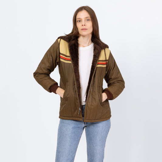 Vintage 70s Olive Brown Chevron Striped Plush Lined Jacket - Petite Extra Small | Retro Zip Up Hooded Winter Coat