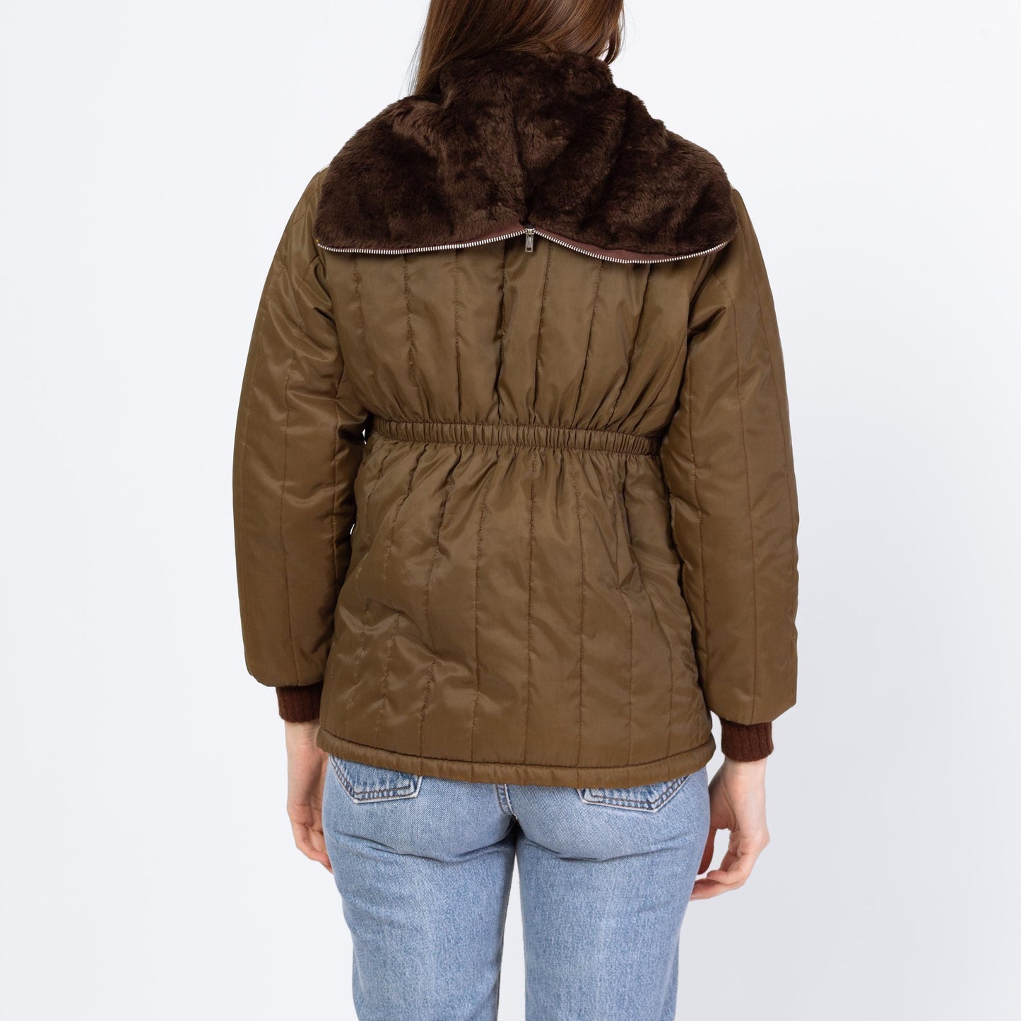 Vintage 70s Olive Brown Chevron Striped Plush Lined Jacket - Petite Extra Small | Retro Zip Up Hooded Winter Coat