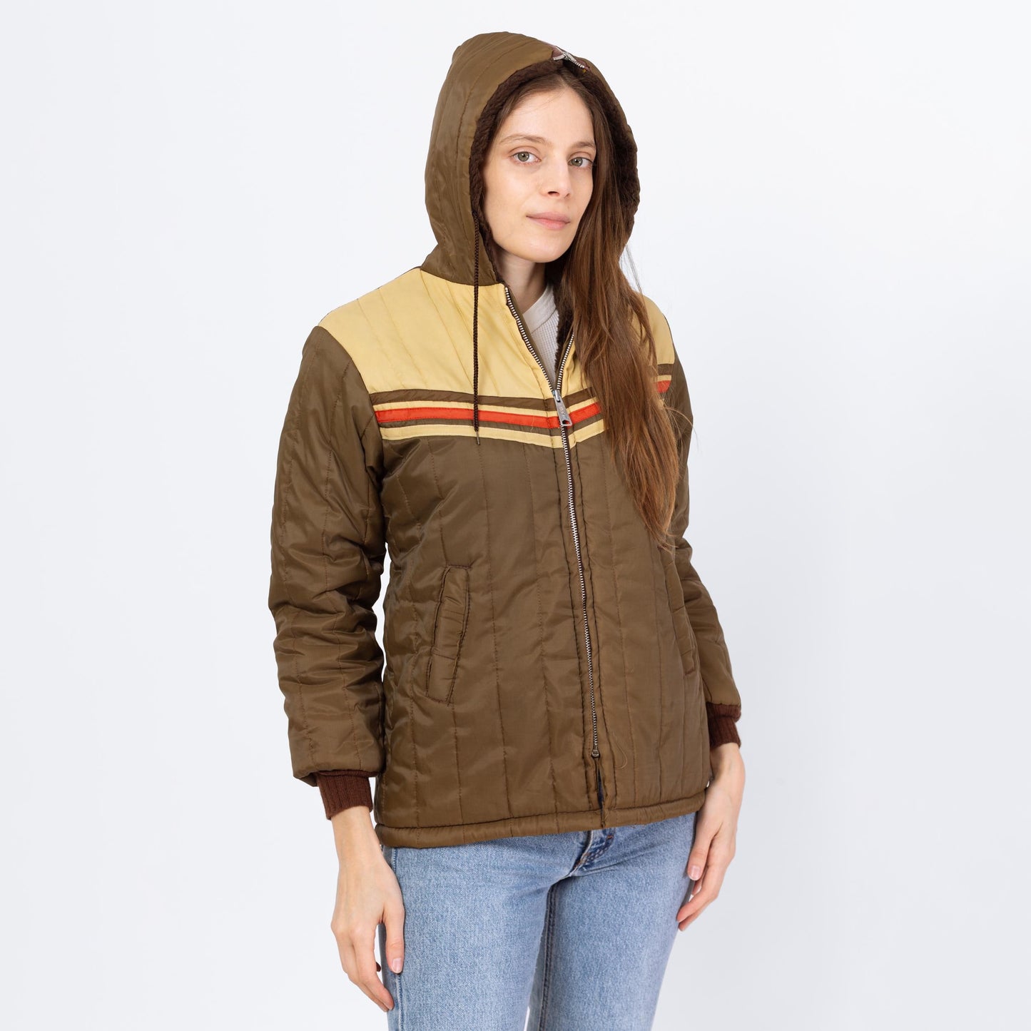 Vintage 70s Olive Brown Chevron Striped Plush Lined Jacket - Petite Extra Small | Retro Zip Up Hooded Winter Coat