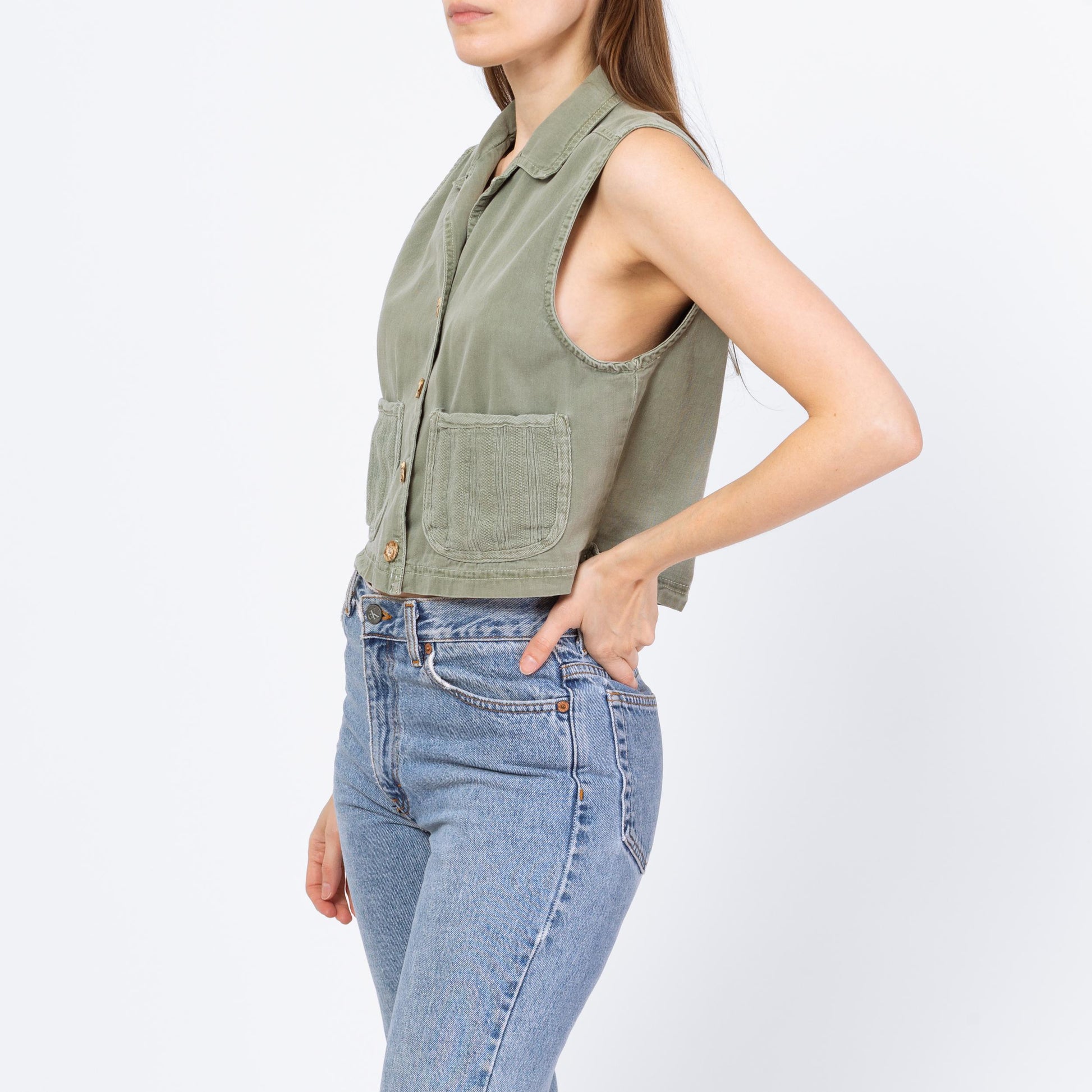 Vintage 90s Sage Green Cotton Cargo Crop Top - Small | Button Up Sleeveless Collared Vest Shirt