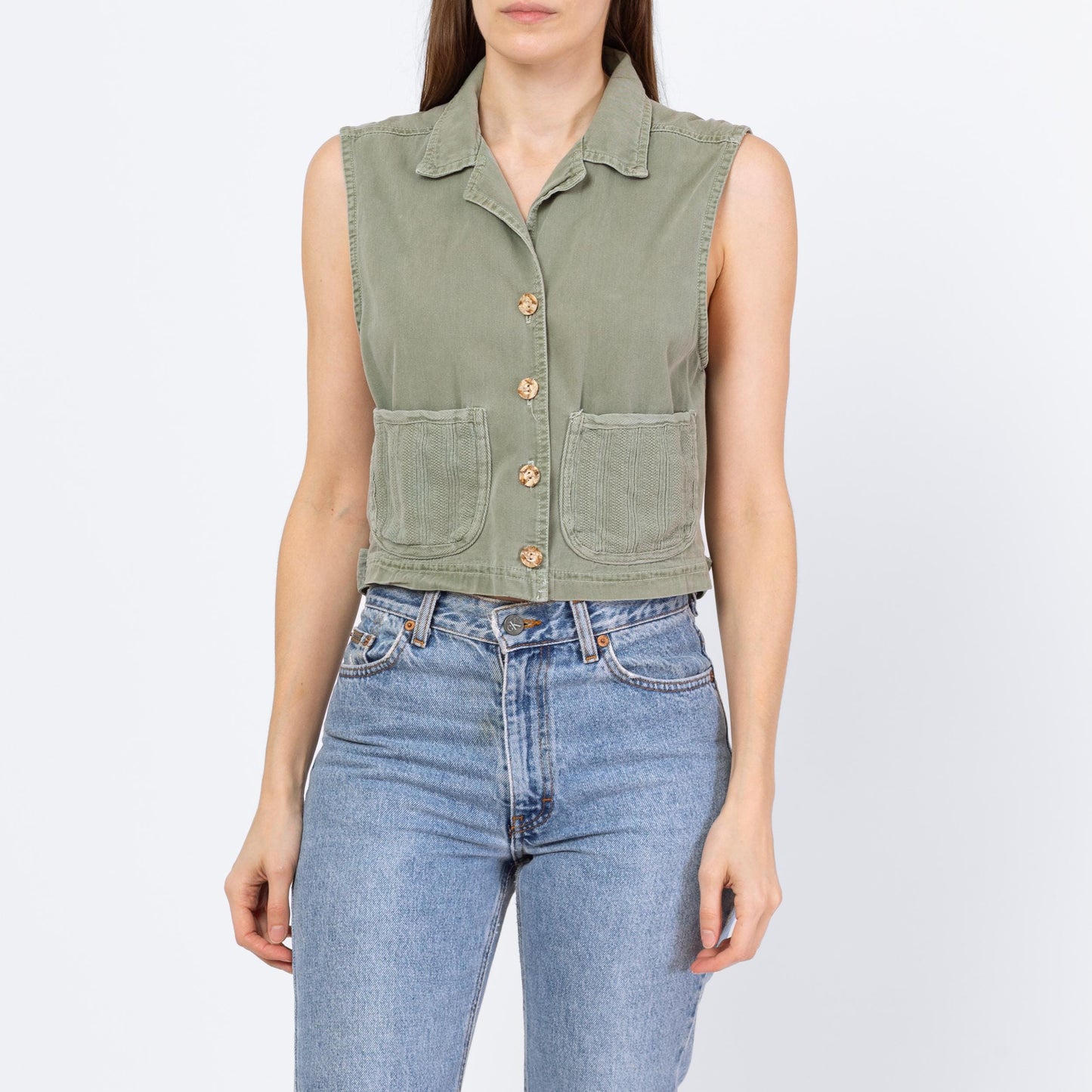 Vintage 90s Sage Green Cotton Cargo Crop Top - Small | Button Up Sleeveless Collared Vest Shirt