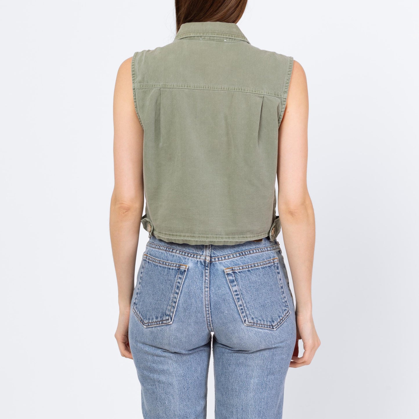 Vintage 90s Sage Green Cotton Cargo Crop Top - Small | Button Up Sleeveless Collared Vest Shirt