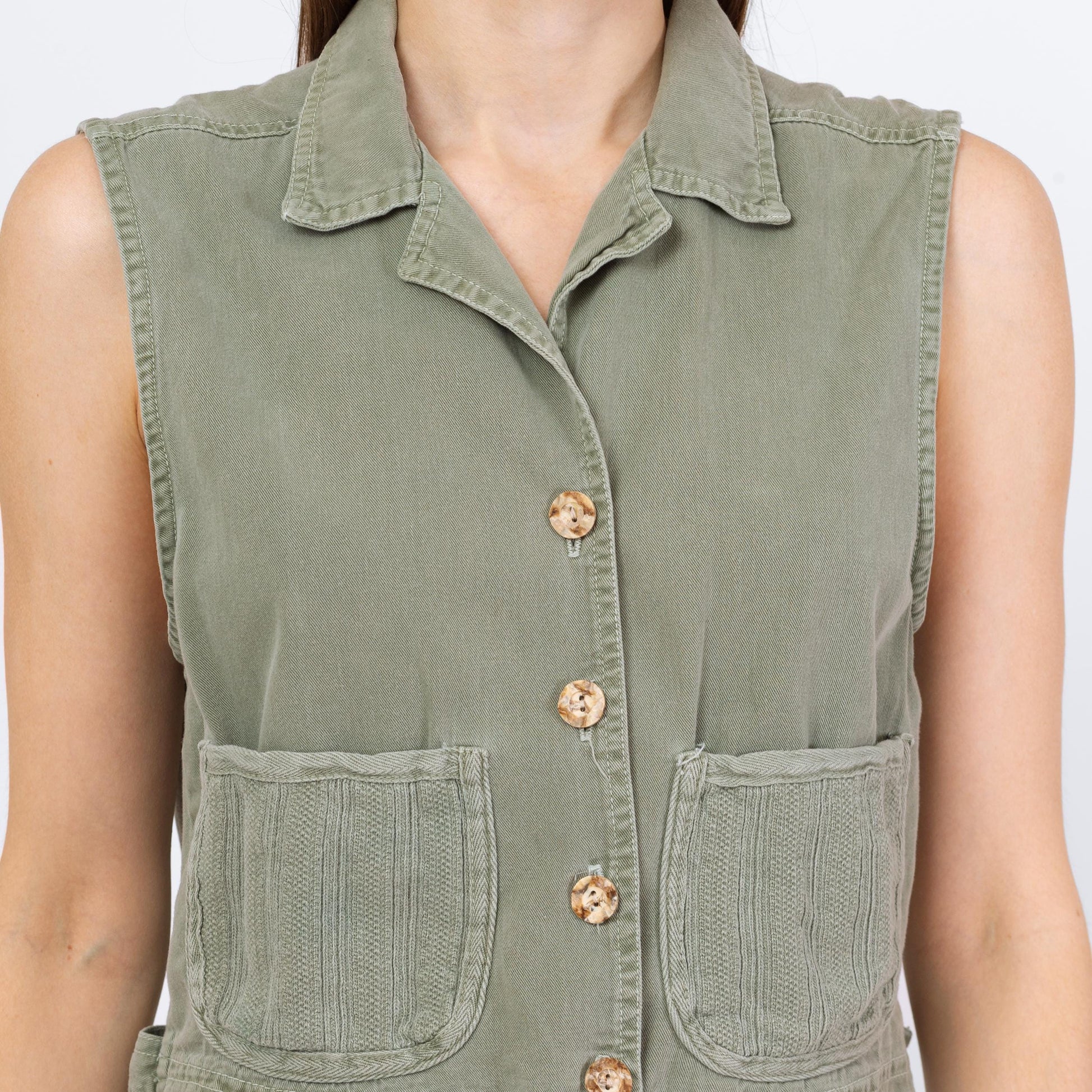 Vintage 90s Sage Green Cotton Cargo Crop Top - Small | Button Up Sleeveless Collared Vest Shirt