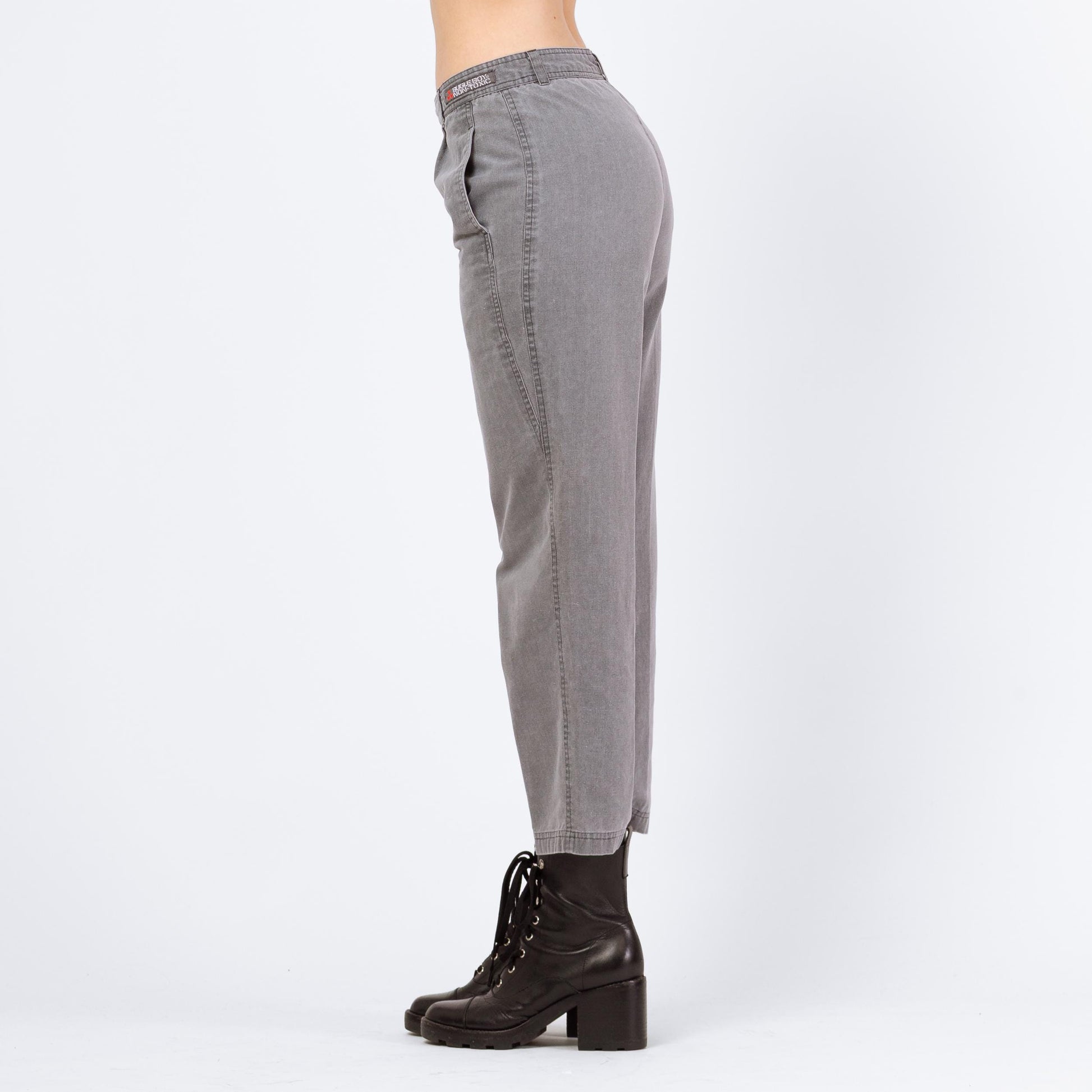 Vintage 90s Bugle Boy Grey Cotton Cinch Waist Pants - Small | Grunge Tapered Leg Mid Rise Pleated Trousers