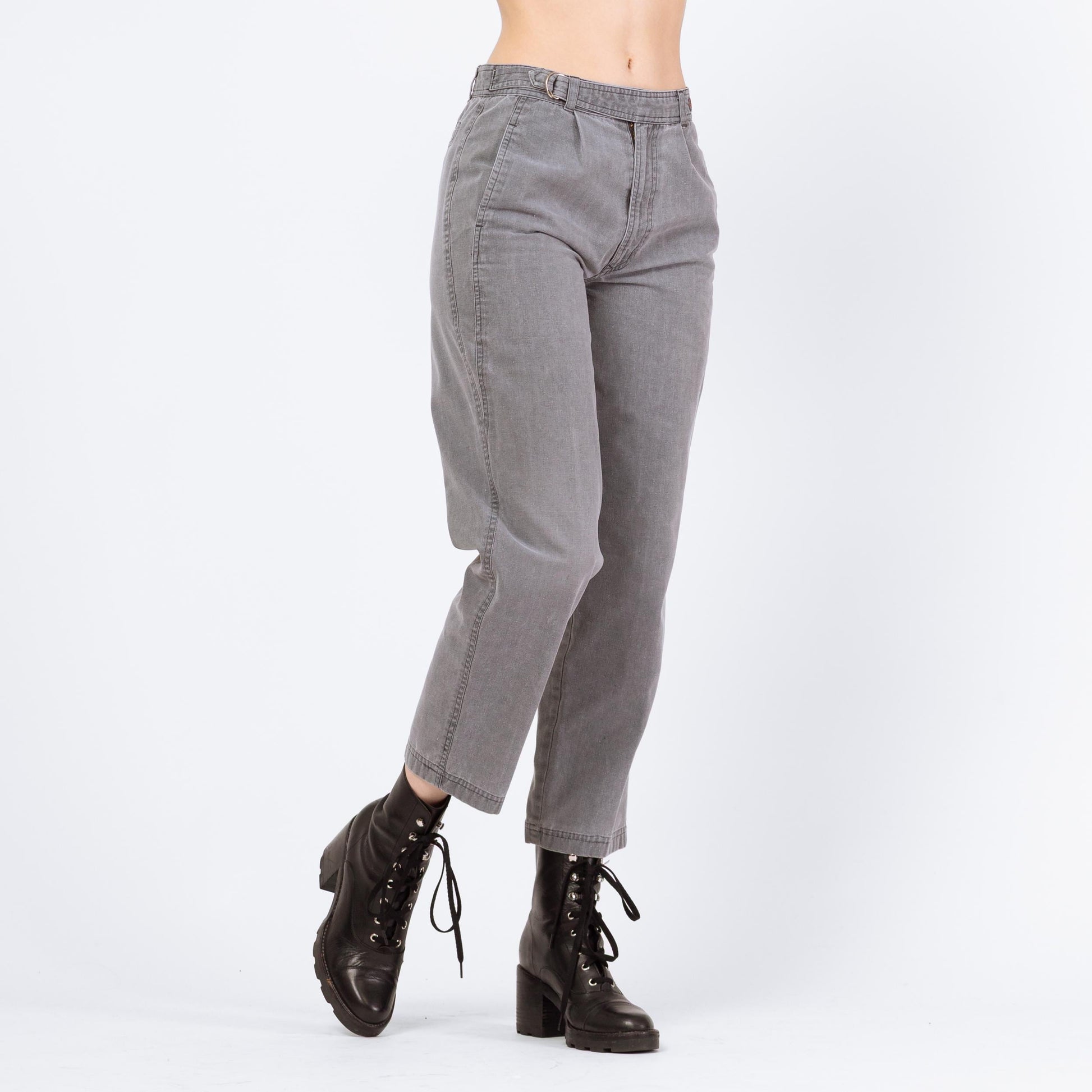 Vintage 90s Bugle Boy Grey Cotton Cinch Waist Pants - Small | Grunge Tapered Leg Mid Rise Pleated Trousers