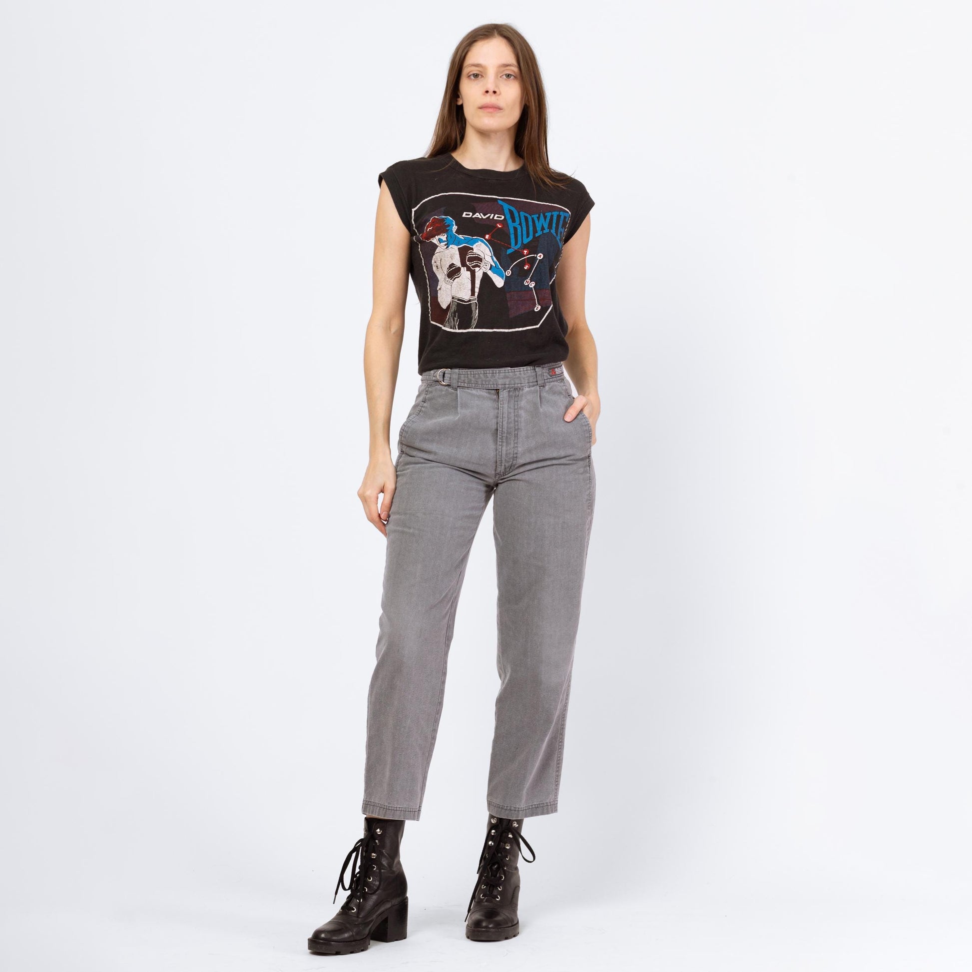 Vintage 90s Bugle Boy Grey Cotton Cinch Waist Pants - Small | Grunge Tapered Leg Mid Rise Pleated Trousers