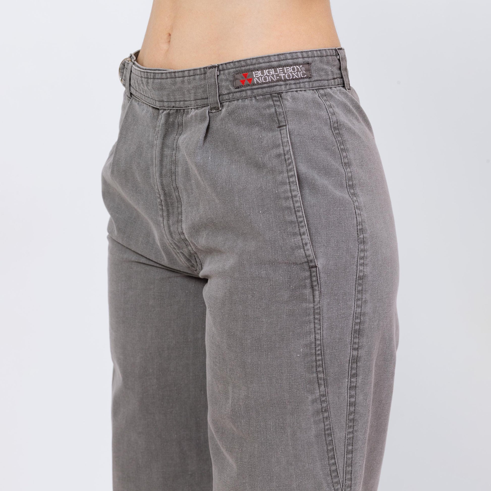 Vintage 90s Bugle Boy Grey Cotton Cinch Waist Pants - Small | Grunge Tapered Leg Mid Rise Pleated Trousers