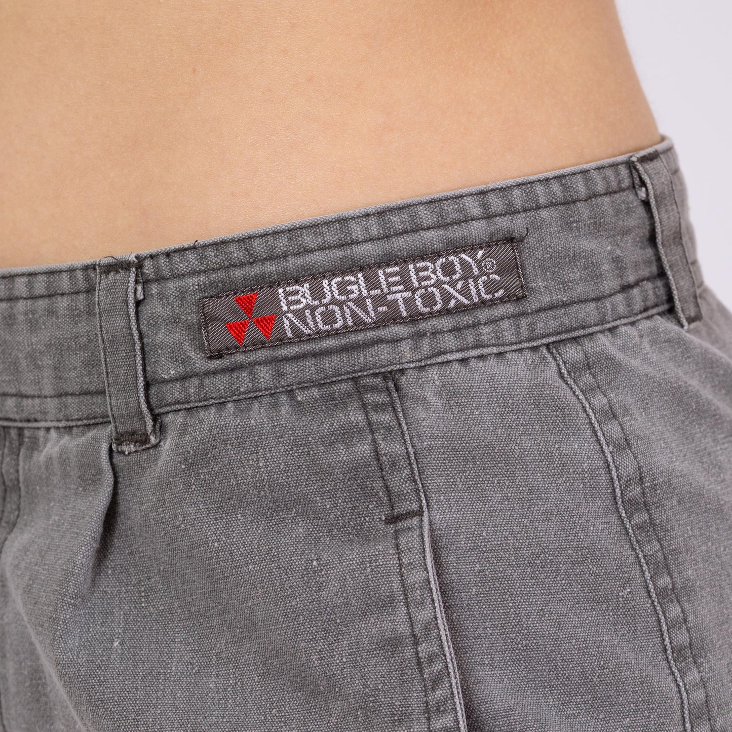 Vintage 90s Bugle Boy Grey Cotton Cinch Waist Pants - Small | Grunge Tapered Leg Mid Rise Pleated Trousers