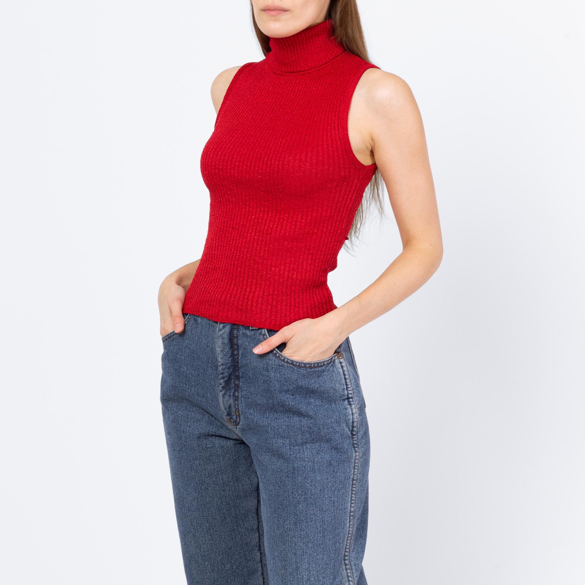 Vintage 90s Red Fitted Sleeveless Turtleneck Top - Small to Medium | Minimalist Ribbed Knit Cropped Tank