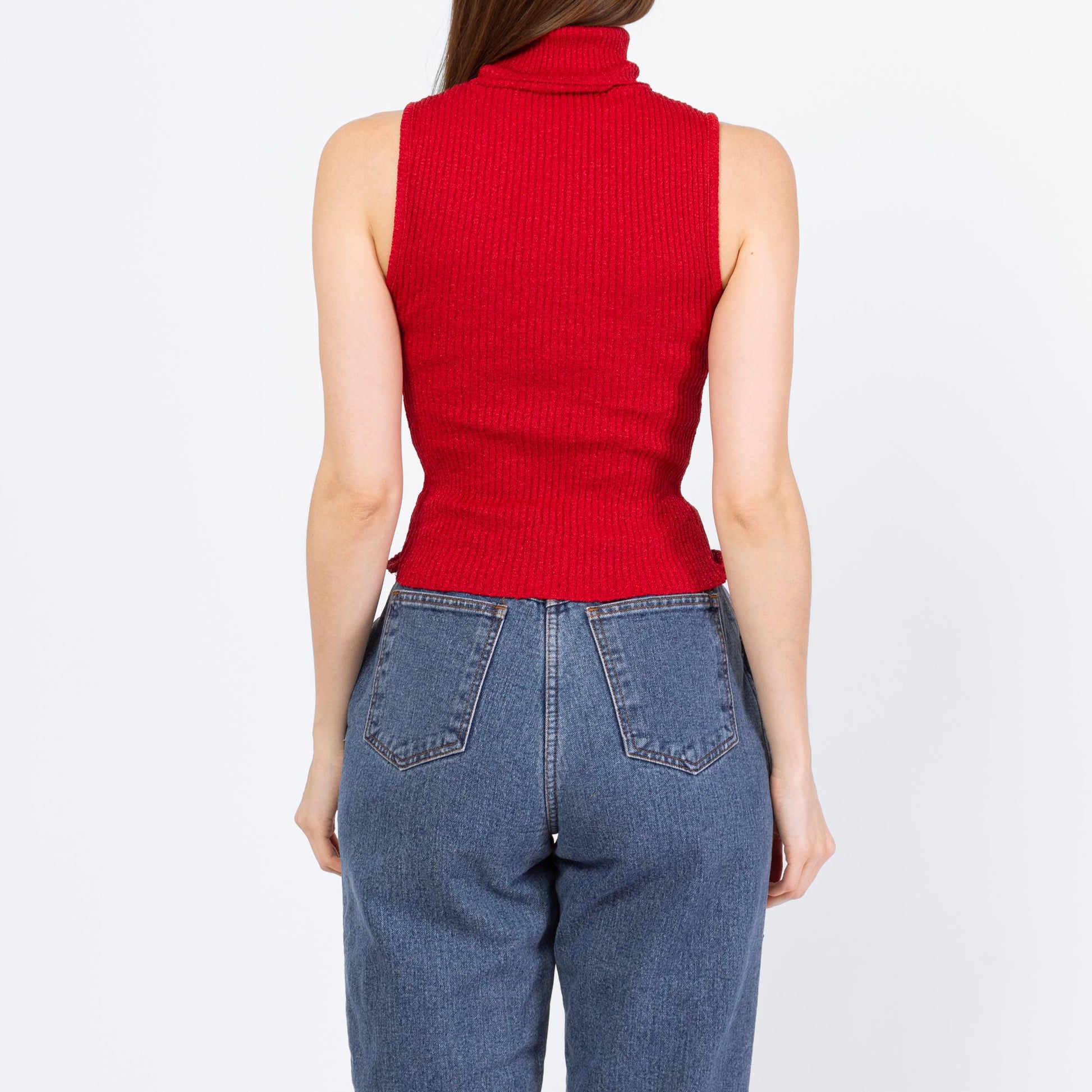 Vintage 90s Red Fitted Sleeveless Turtleneck Top - Small to Medium | Minimalist Ribbed Knit Cropped Tank