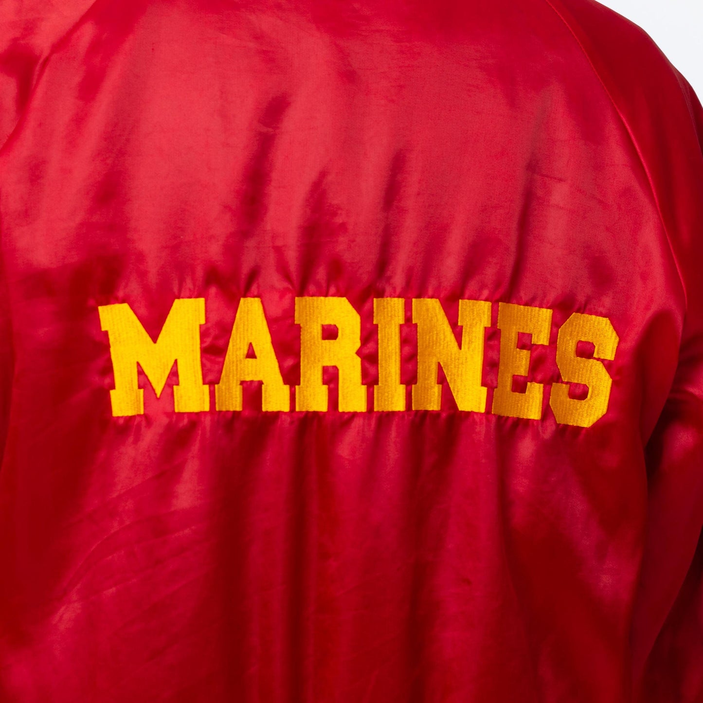 Vintage 80s Marines Satin Bomber Jacket - Large | USMC Bulldog Mascot Red Striped Varsity Windbreaker
