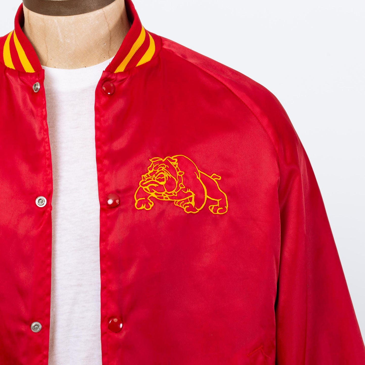 Vintage 80s Marines Satin Bomber Jacket - Large | USMC Bulldog Mascot Red Striped Varsity Windbreaker