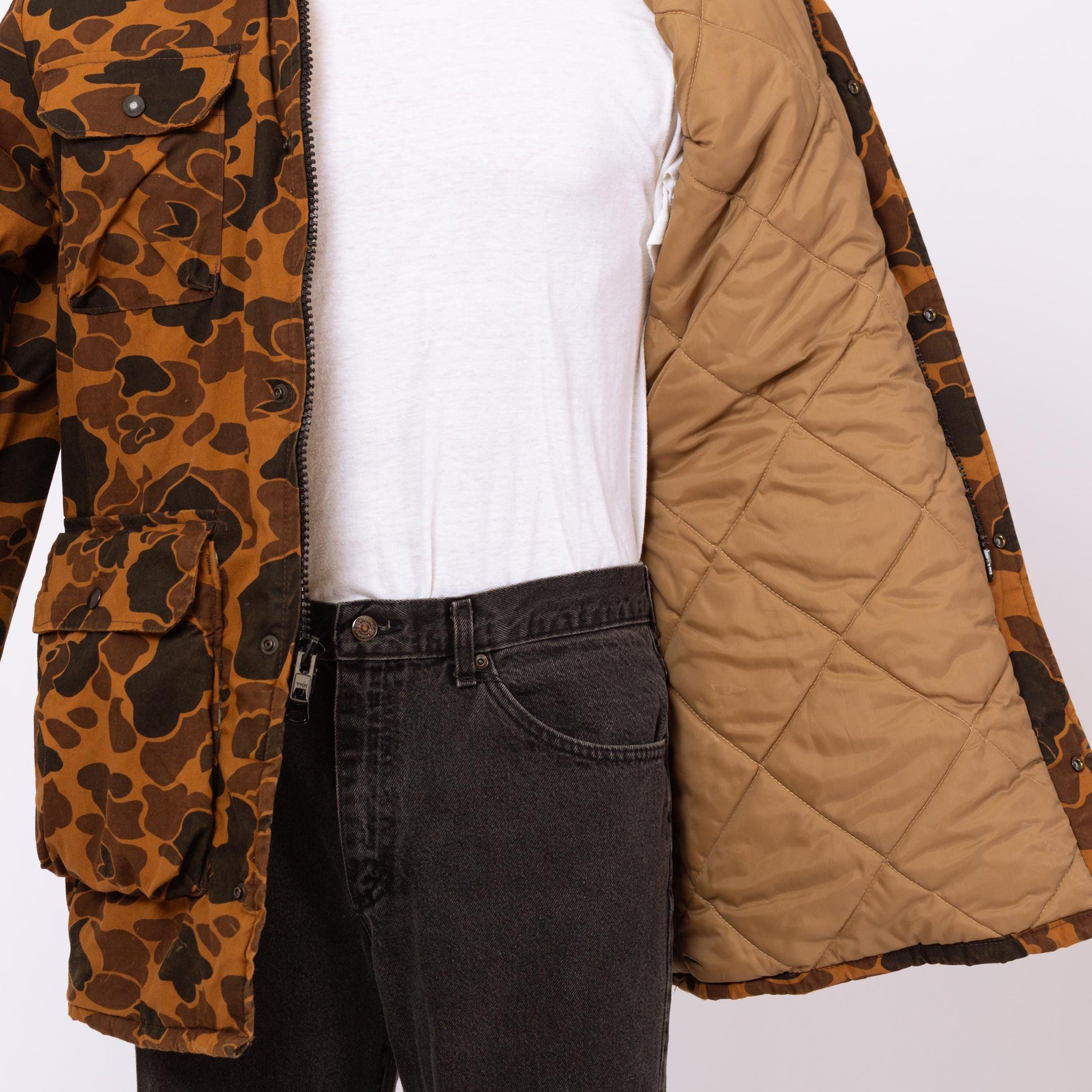 Vintage 80s Camo Duck Hunting Jacket - Medium Tall | Zip Up Utility Field Coat Winter Parka