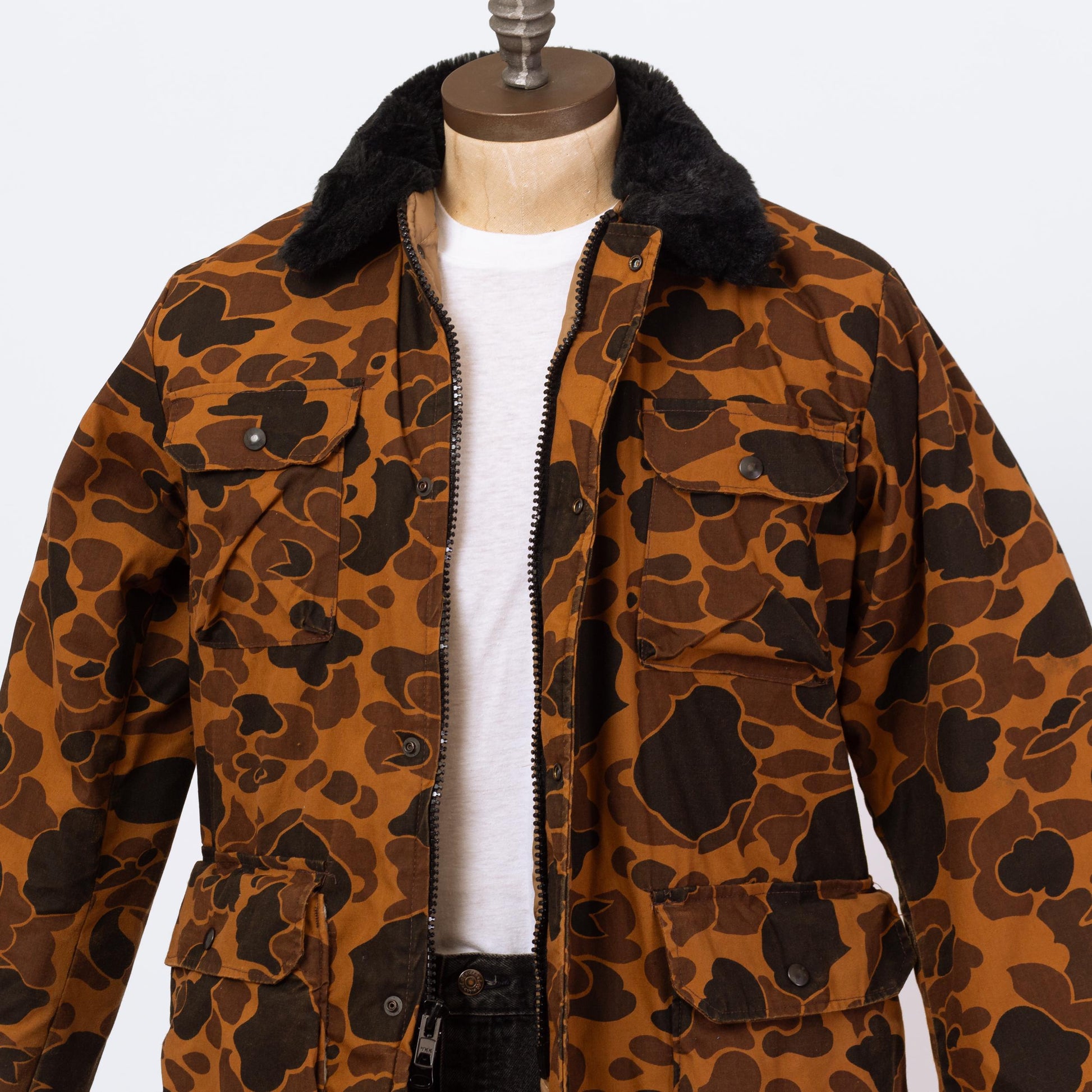 Vintage 80s Camo Duck Hunting Jacket - Medium Tall | Zip Up Utility Field Coat Winter Parka