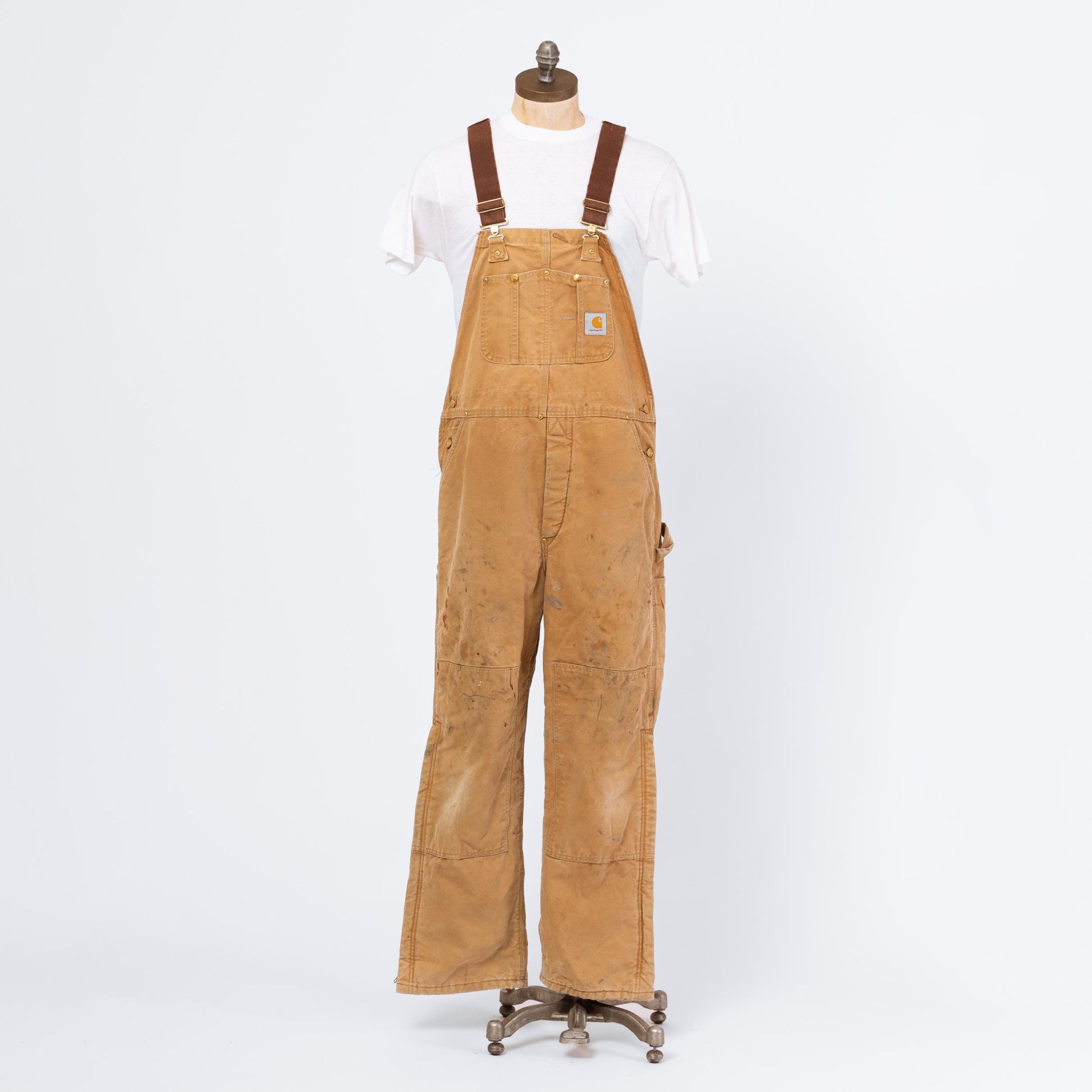 Vintage 90s Carhartt Paint Splattered Tan Quilt Lined Overalls - XL, 41x30 | Made In USA Faded Insulated Distressed Workwear Jumpsuit