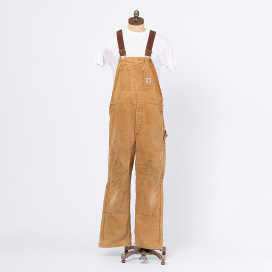 Vintage 90s Carhartt Paint Splattered Tan Quilt Lined Overalls - XL, 41x30 | Made In USA Faded Insulated Distressed Workwear Jumpsuit