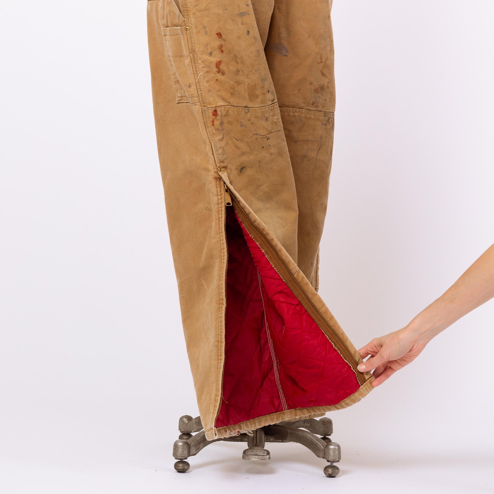 Vintage 90s Carhartt Paint Splattered Tan Quilt Lined Overalls - XL, 41x30 | Made In USA Faded Insulated Distressed Workwear Jumpsuit