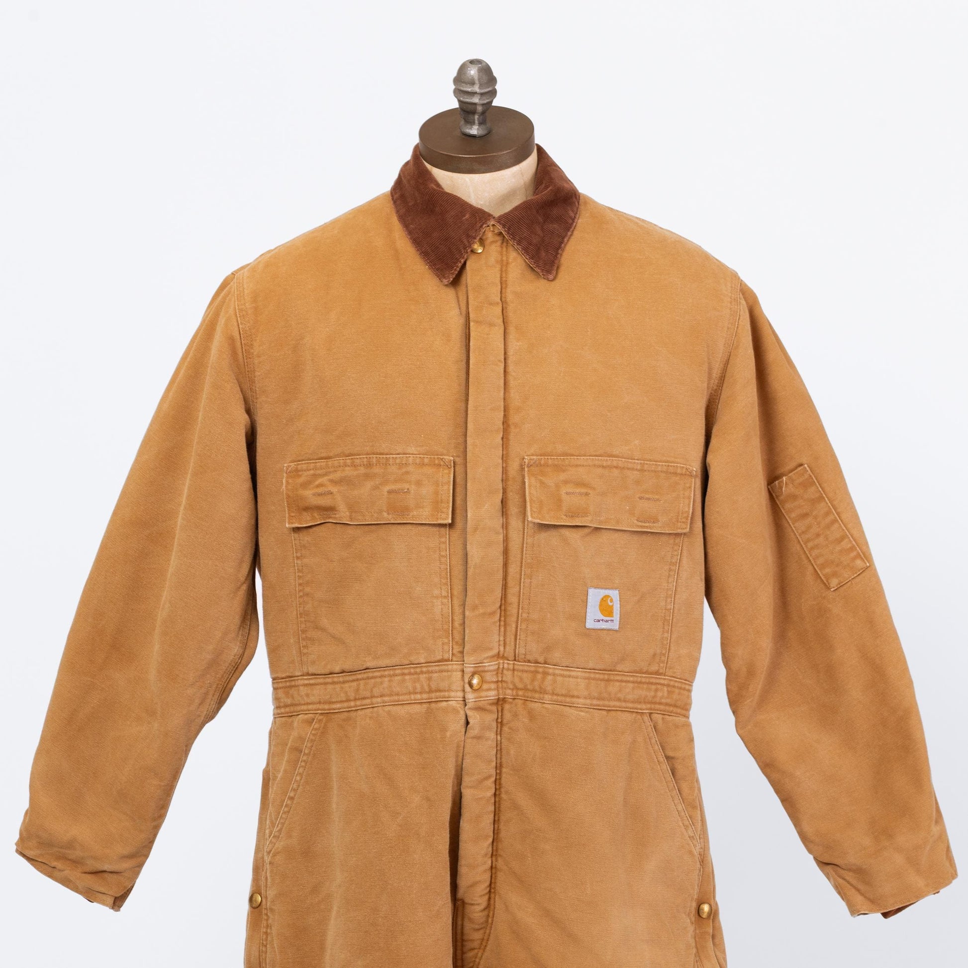 Vintage 90s Carhartt Tan Insulated Coveralls - 46 Short | Cotton Duck Canvas Quilt Lined Workwear Zip Front Winter Jumpsuit