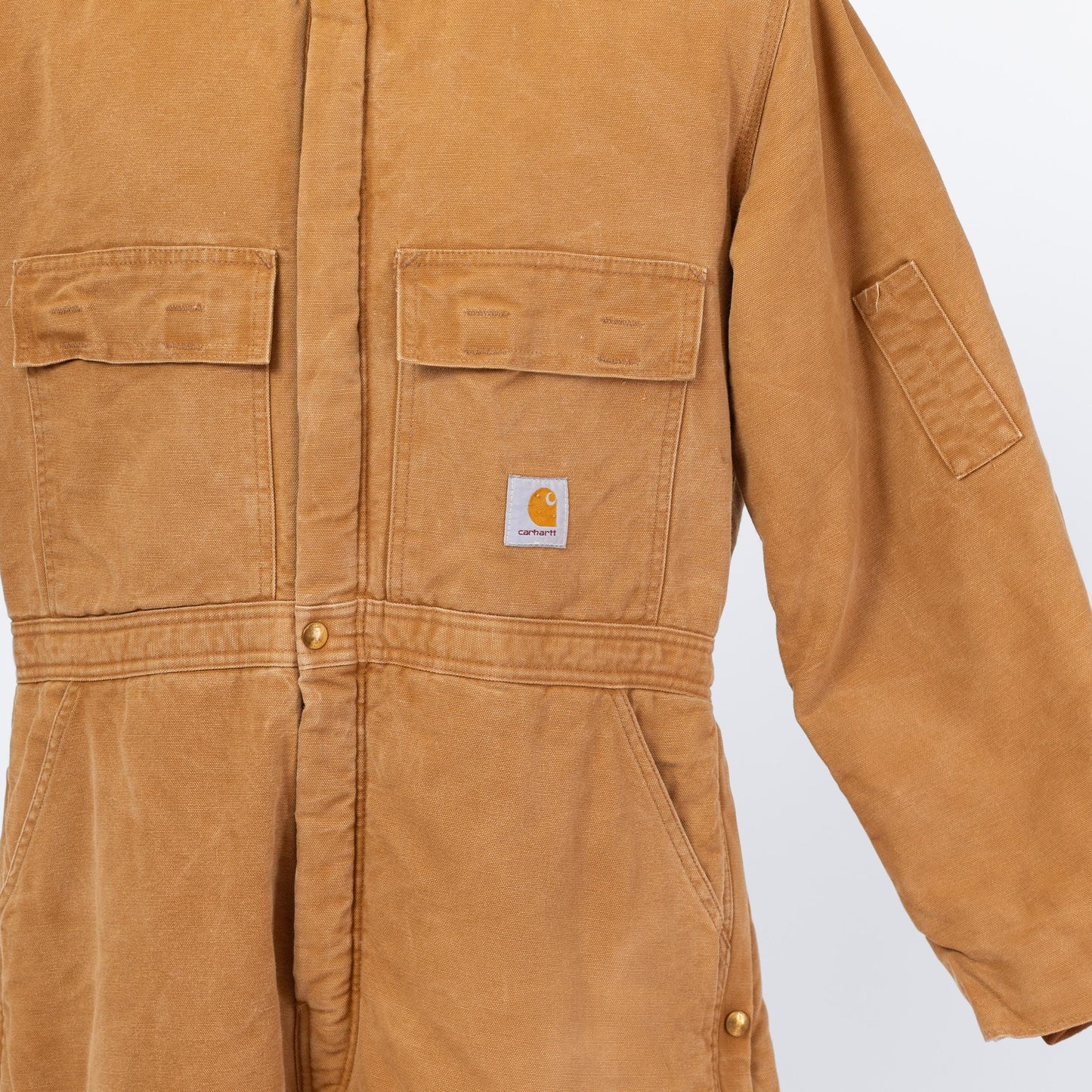 Vintage 90s Carhartt Tan Insulated Coveralls - 46 Short | Cotton Duck Canvas Quilt Lined Workwear Zip Front Winter Jumpsuit
