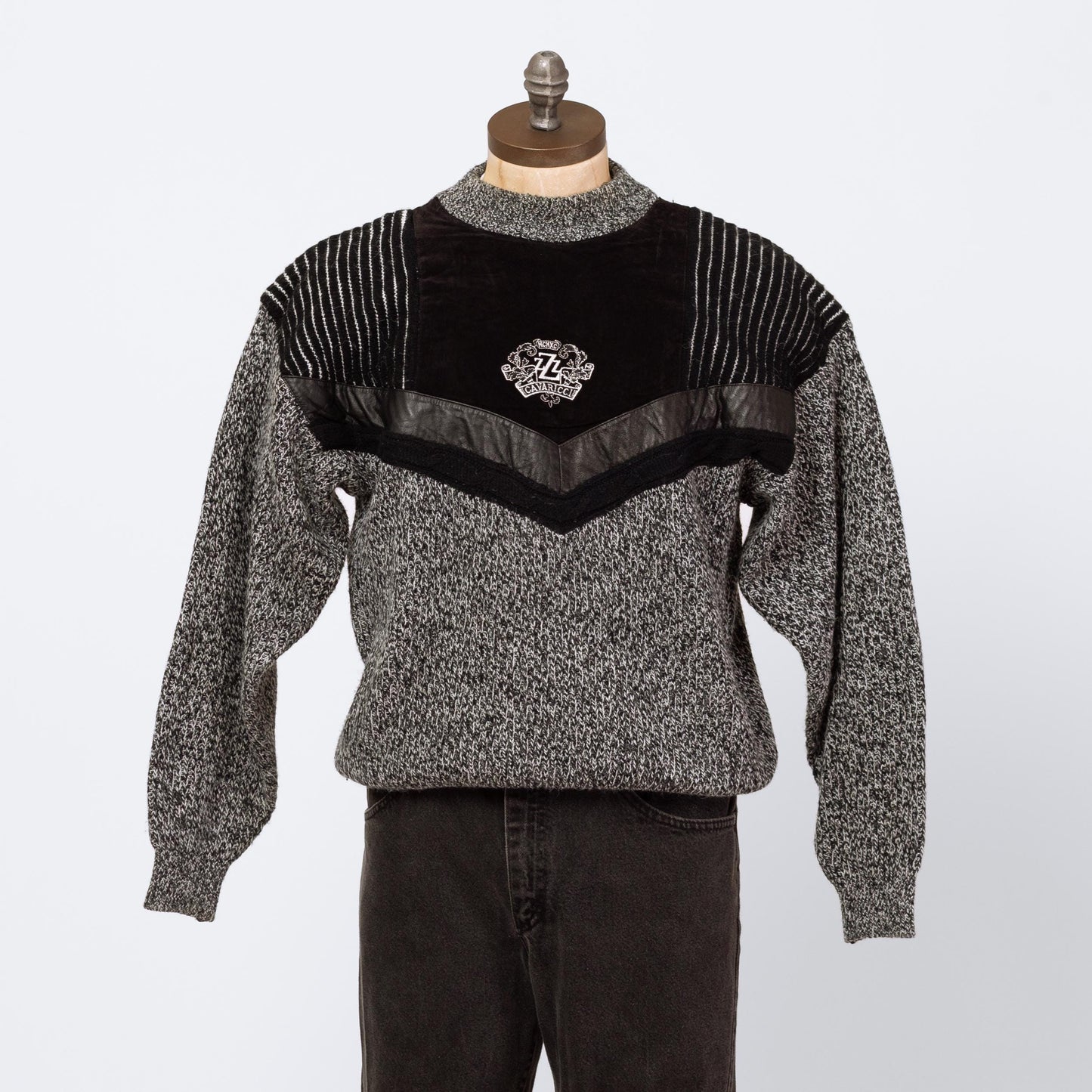 Vintage 80s Salt & Pepper Marled Knit Leather Trim Sweater - Small | Euro Athleisure Z Cavaricci Slouchy Pullover Sweater