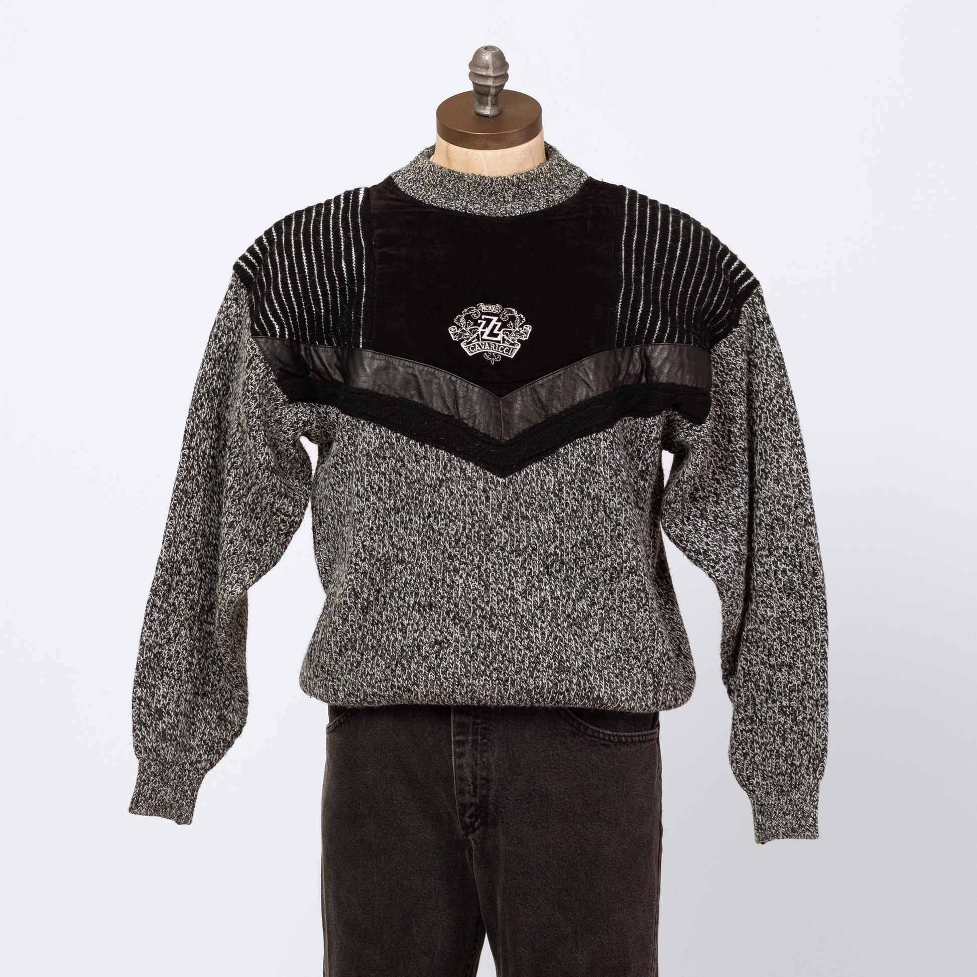 Vintage 80s Salt & Pepper Marled Knit Leather Trim Sweater - Small | Euro Athleisure Z Cavaricci Slouchy Pullover Sweater