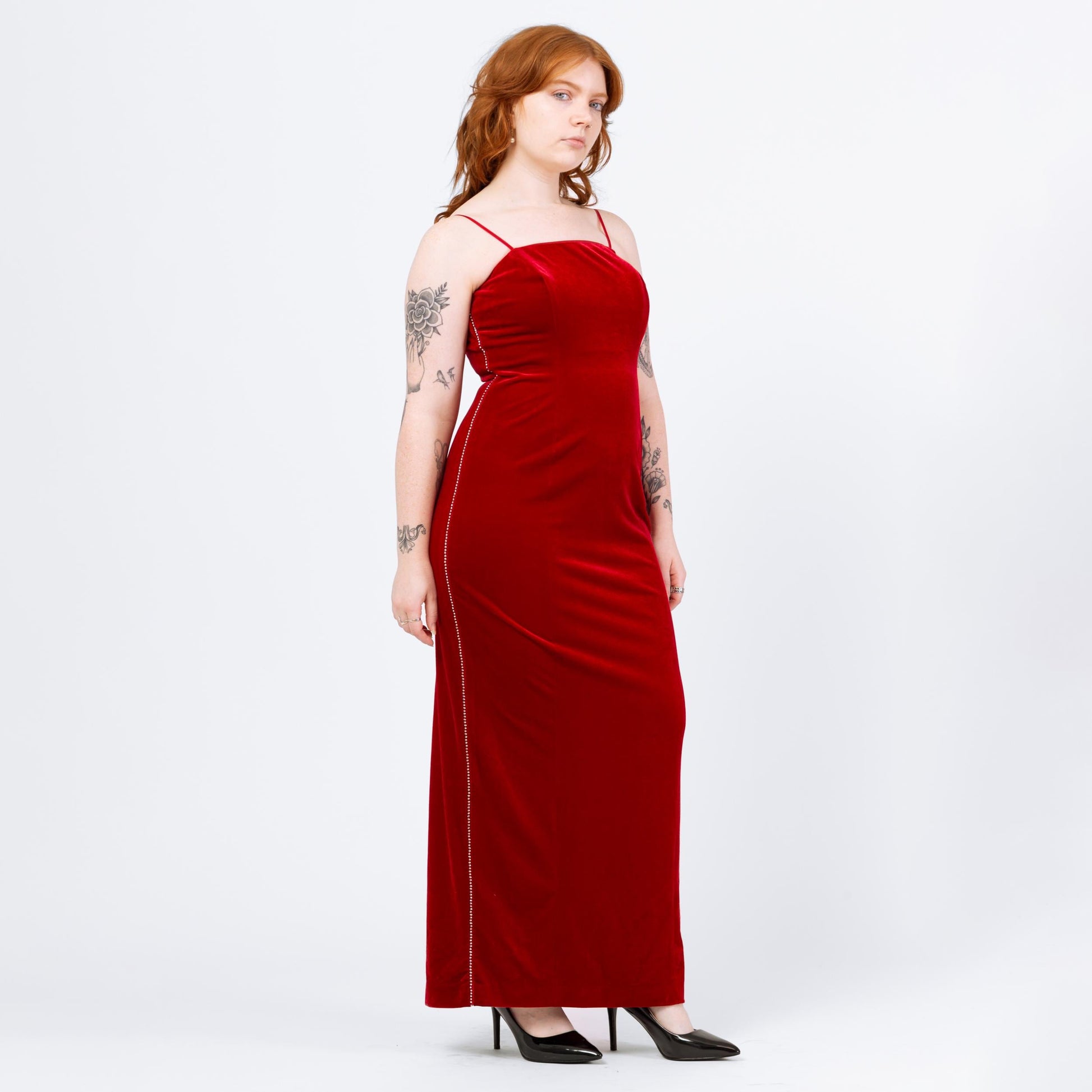 Vintage 90s Red Velvet Jeweled Trim Gown - Medium | Spaghetti Strap Formal Maxi Party Dress