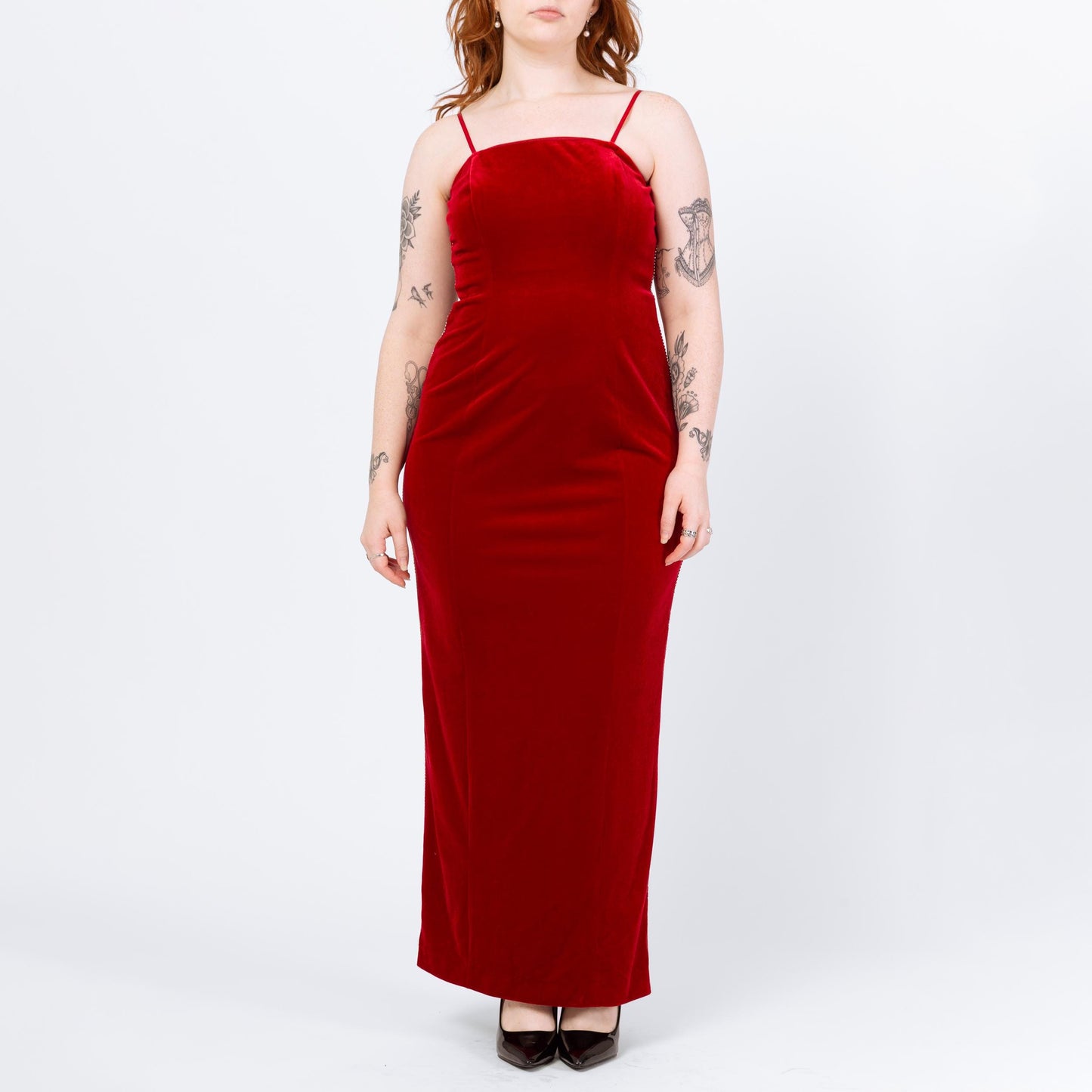Vintage 90s Red Velvet Jeweled Trim Gown - Medium | Spaghetti Strap Formal Maxi Party Dress