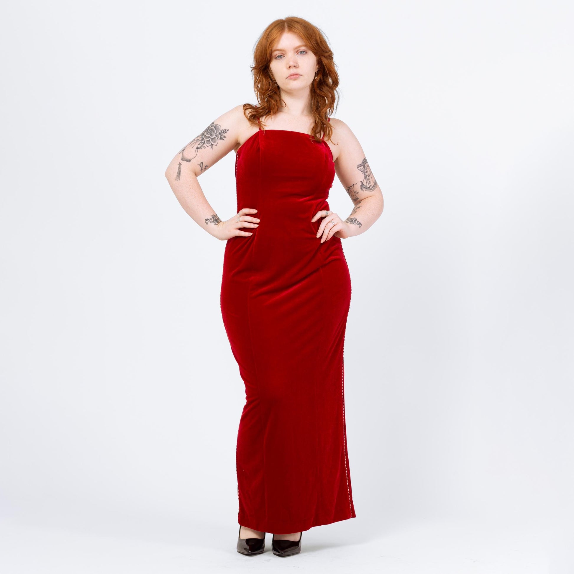 Vintage 90s Red Velvet Jeweled Trim Gown - Medium | Spaghetti Strap Formal Maxi Party Dress