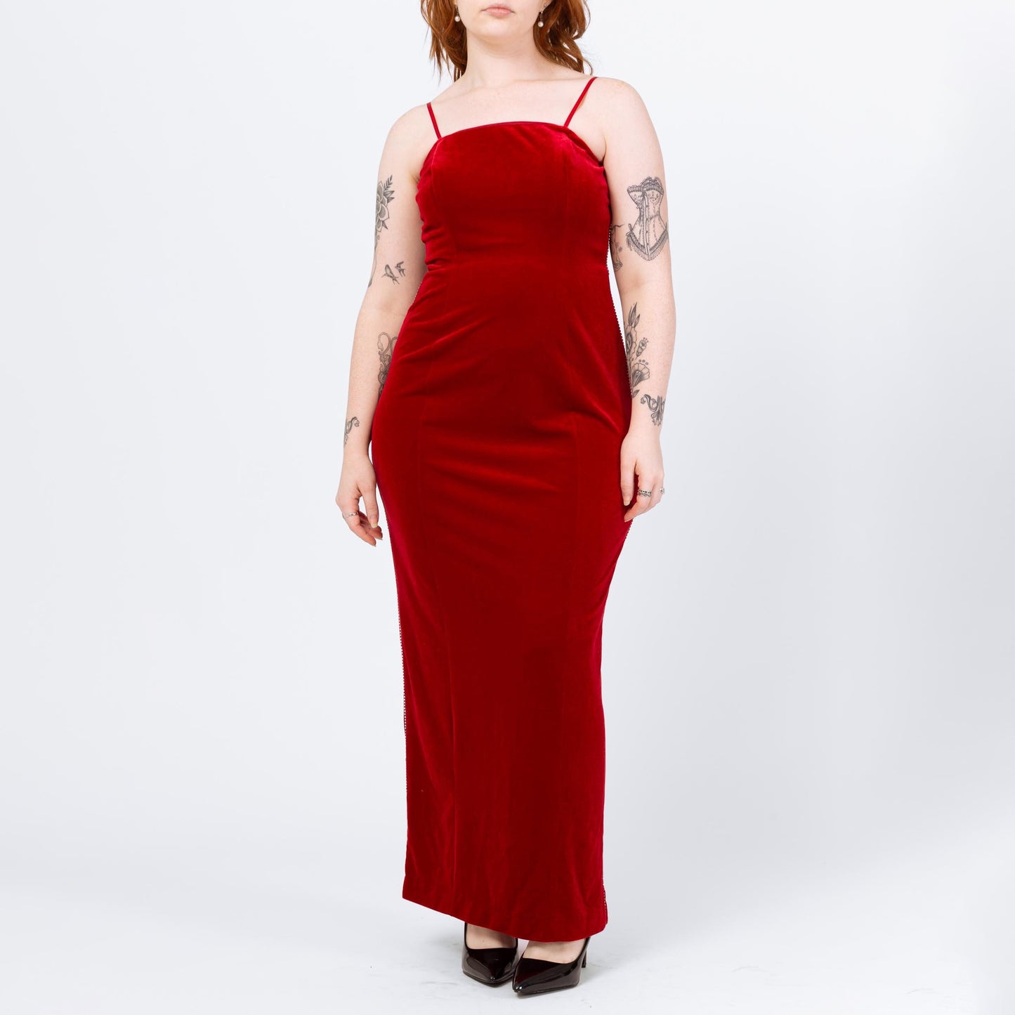 Vintage 90s Red Velvet Jeweled Trim Gown - Medium | Spaghetti Strap Formal Maxi Party Dress