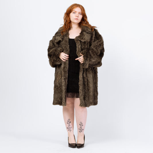 Vintage 80s Brown Faux Fur Batwing Sleeve Coat - Medium | Glam Mid Length Winter Jacket