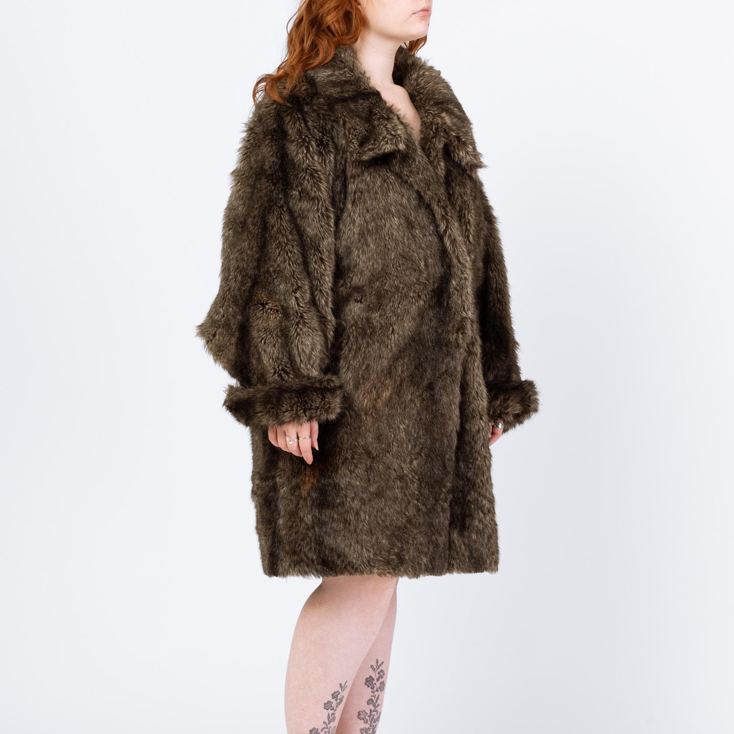 Vintage 80s Brown Faux Fur Batwing Sleeve Coat - Medium | Glam Mid Length Winter Jacket