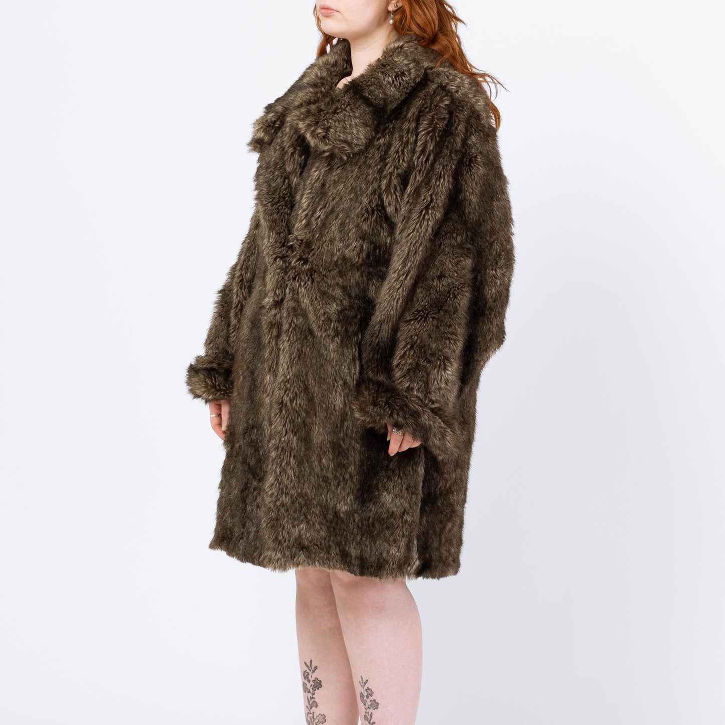 Vintage 80s Brown Faux Fur Batwing Sleeve Coat - Medium | Glam Mid Length Winter Jacket
