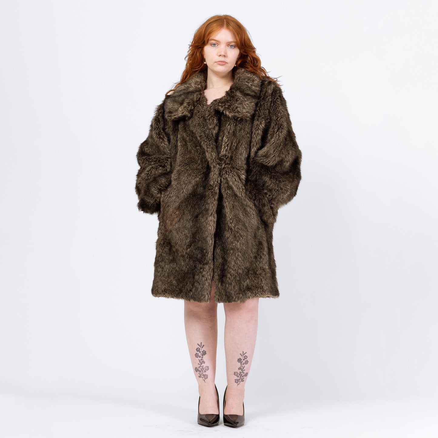 Vintage 80s Brown Faux Fur Batwing Sleeve Coat - Medium | Glam Mid Length Winter Jacket