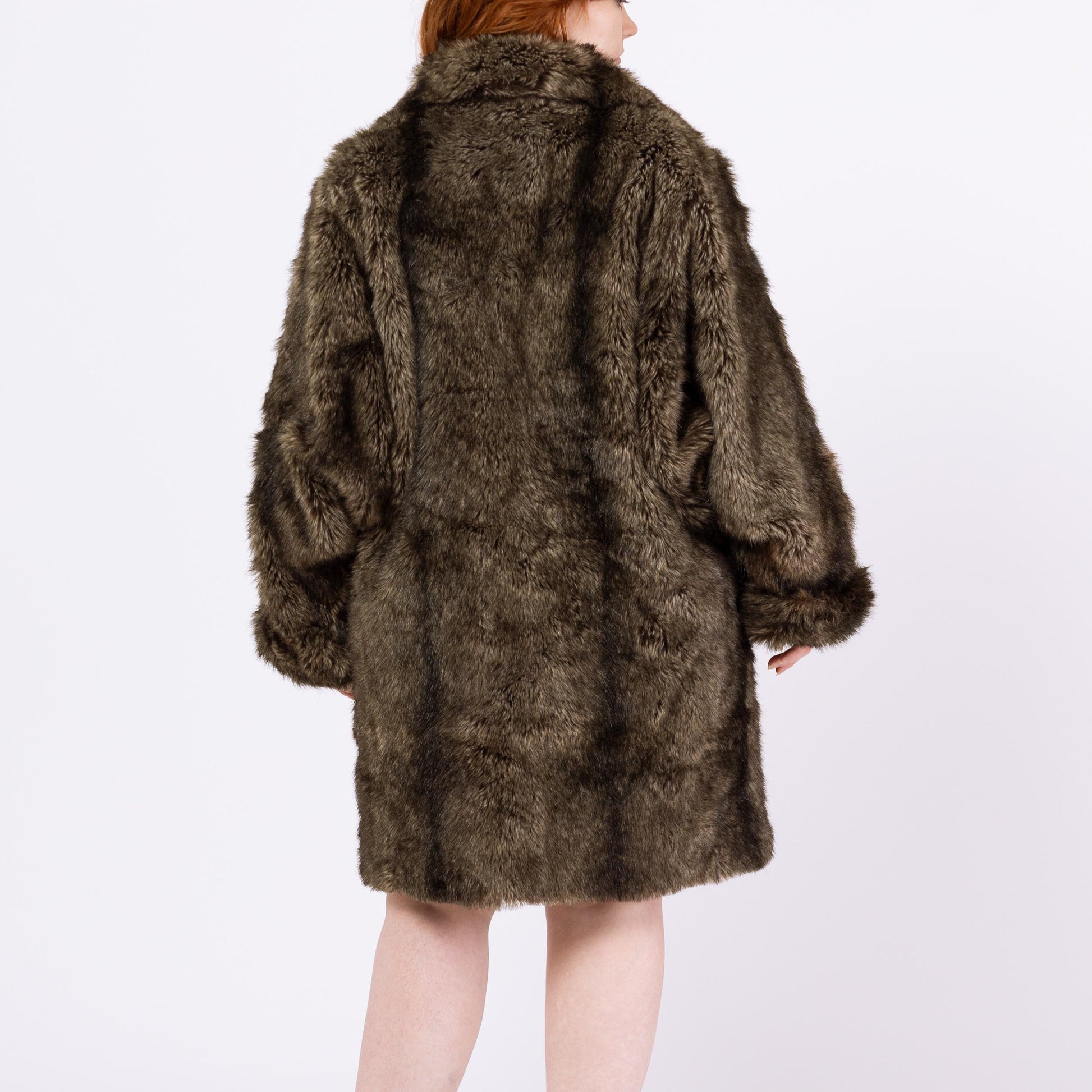Vintage 80s Brown Faux Fur Batwing Sleeve Coat - Medium | Glam Mid Length Winter Jacket