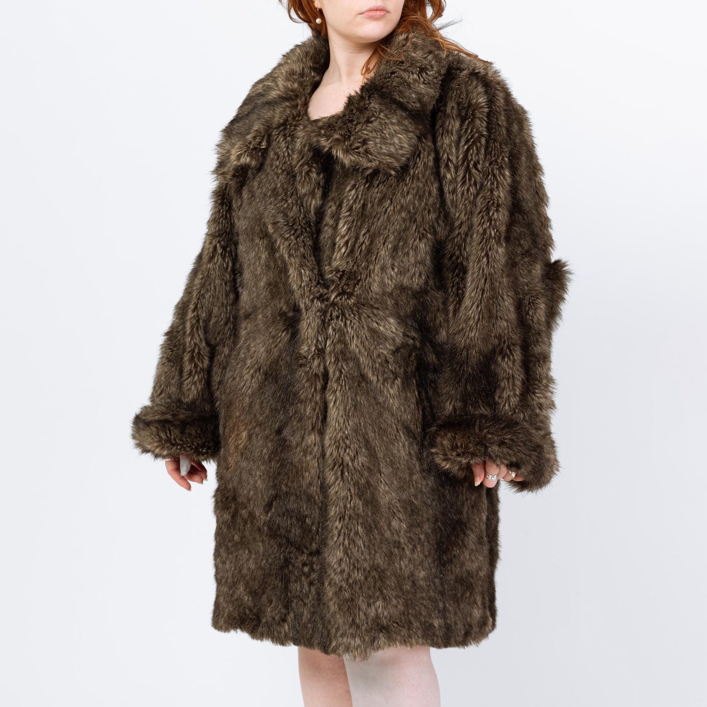 Vintage 80s Brown Faux Fur Batwing Sleeve Coat - Medium | Glam Mid Length Winter Jacket