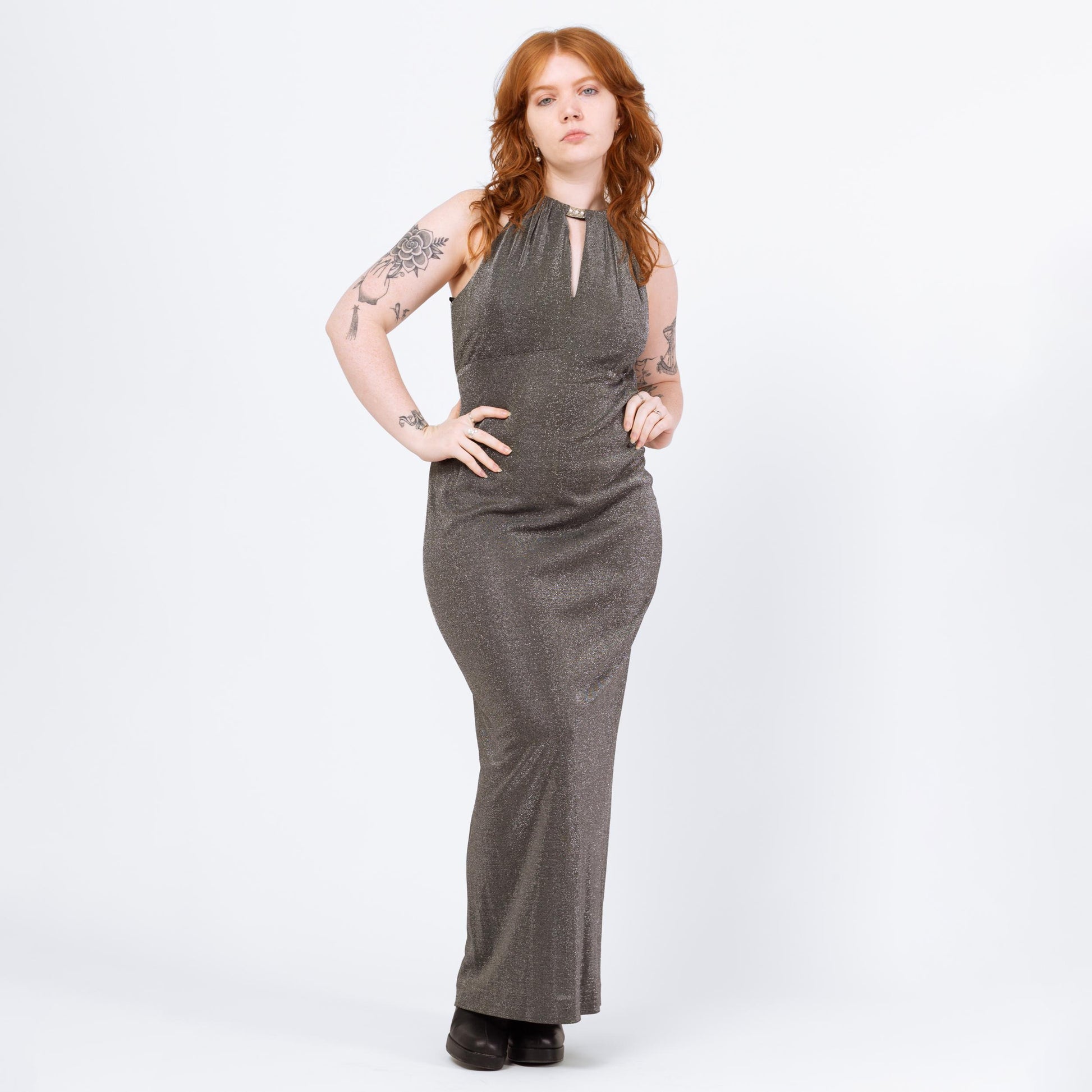 Vintage 90s Silver Metallic Jeweled Halter Neck Gown - Medium to Large | Keyhole Formal Maxi Party Dress