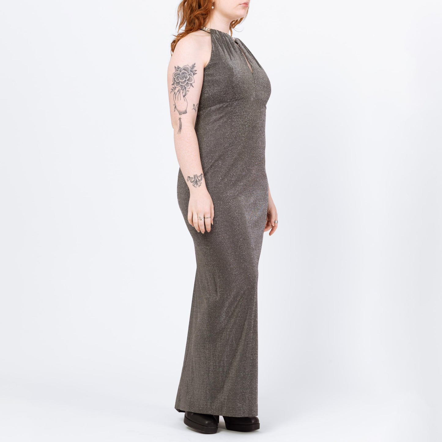 Vintage 90s Silver Metallic Jeweled Halter Neck Gown - Medium to Large | Keyhole Formal Maxi Party Dress
