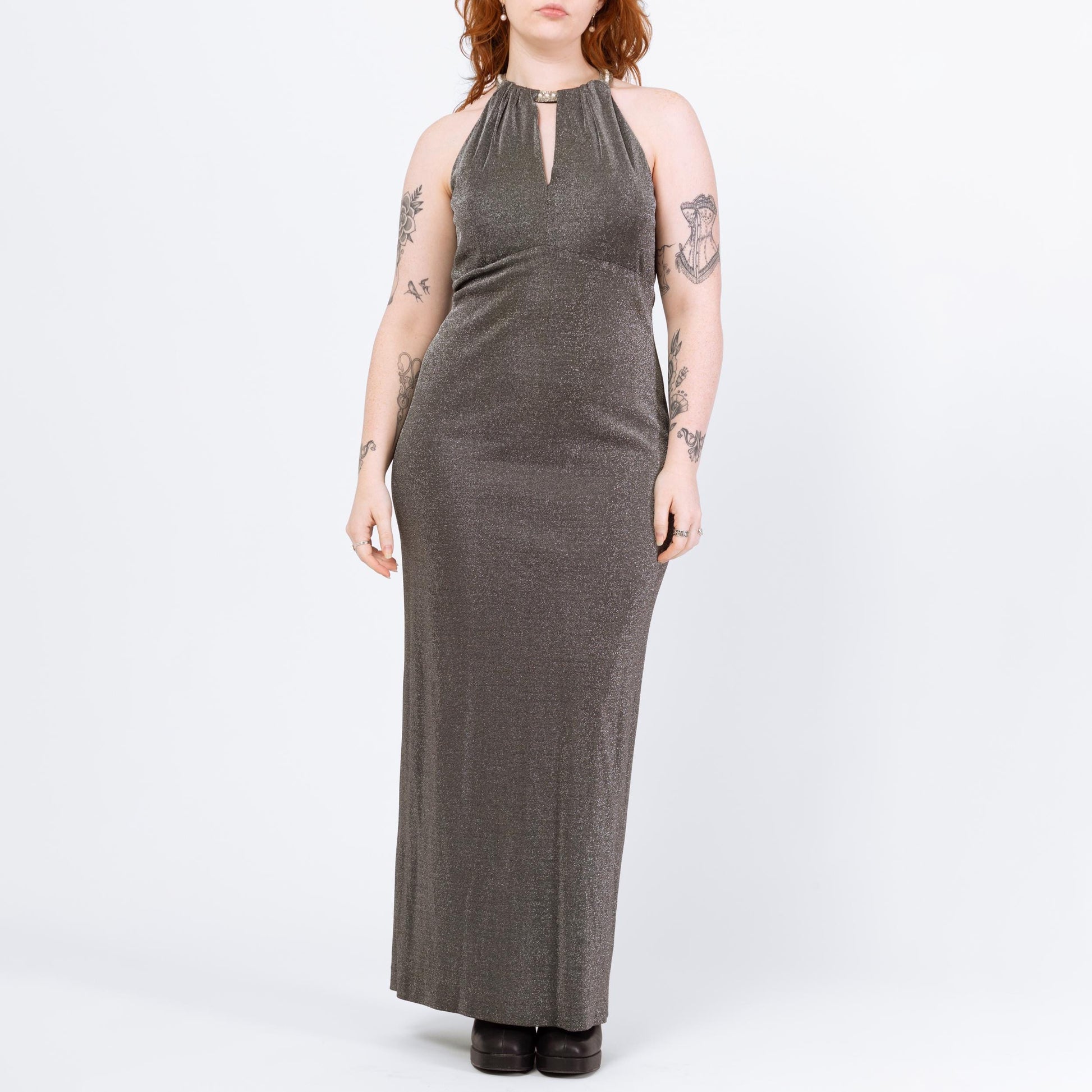Vintage 90s Silver Metallic Jeweled Halter Neck Gown - Medium to Large | Keyhole Formal Maxi Party Dress
