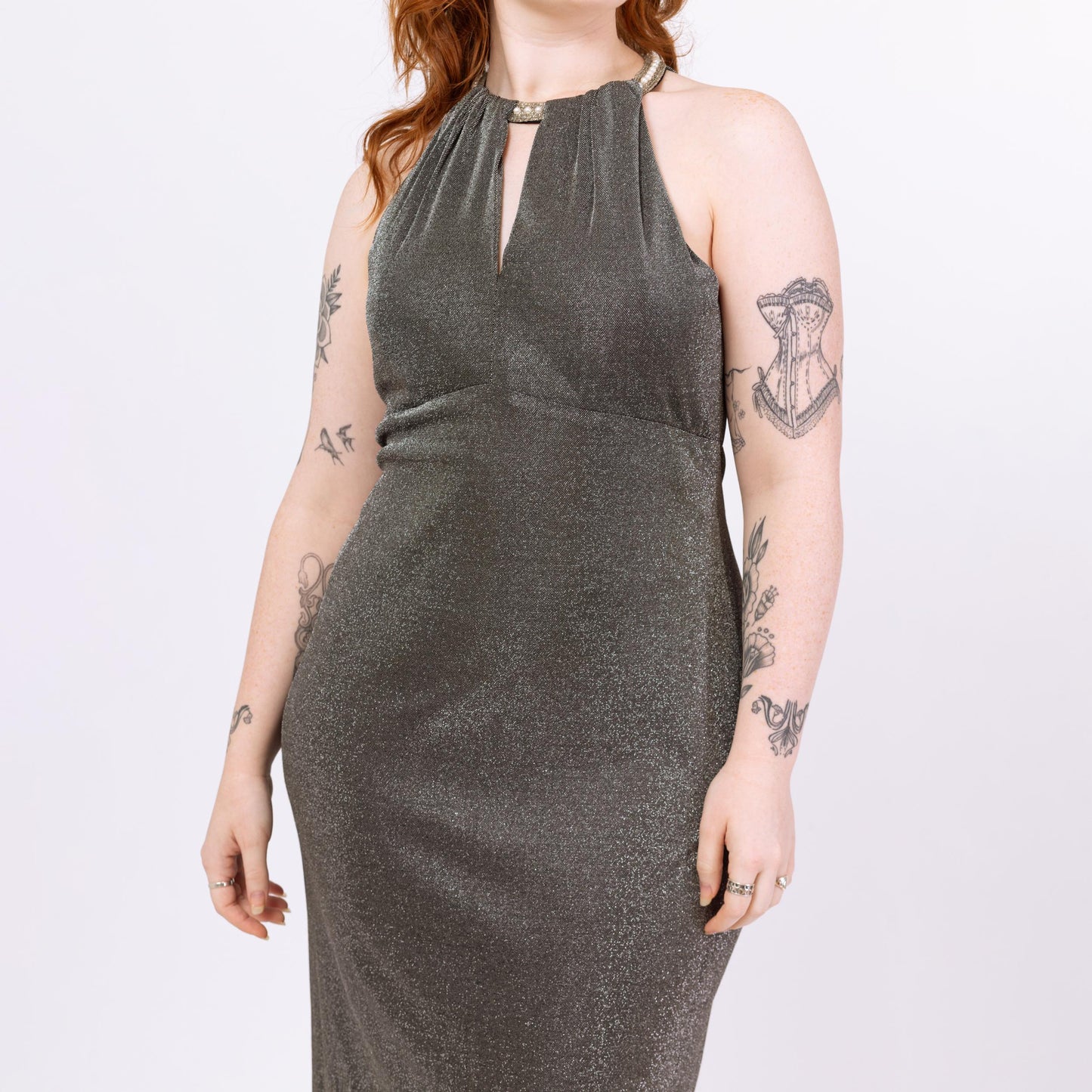 Vintage 90s Silver Metallic Jeweled Halter Neck Gown - Medium to Large | Keyhole Formal Maxi Party Dress