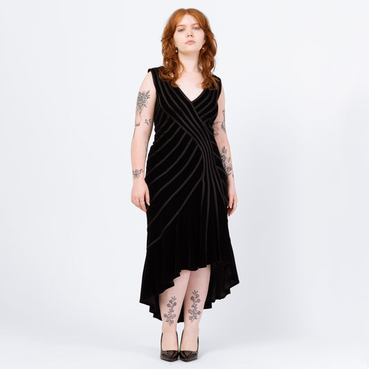 Vintage 90s Tadashi Black Velvet Ribbon Trim Mermaid Dress - Medium | Designer High Low Hem Maxi Evening Gown