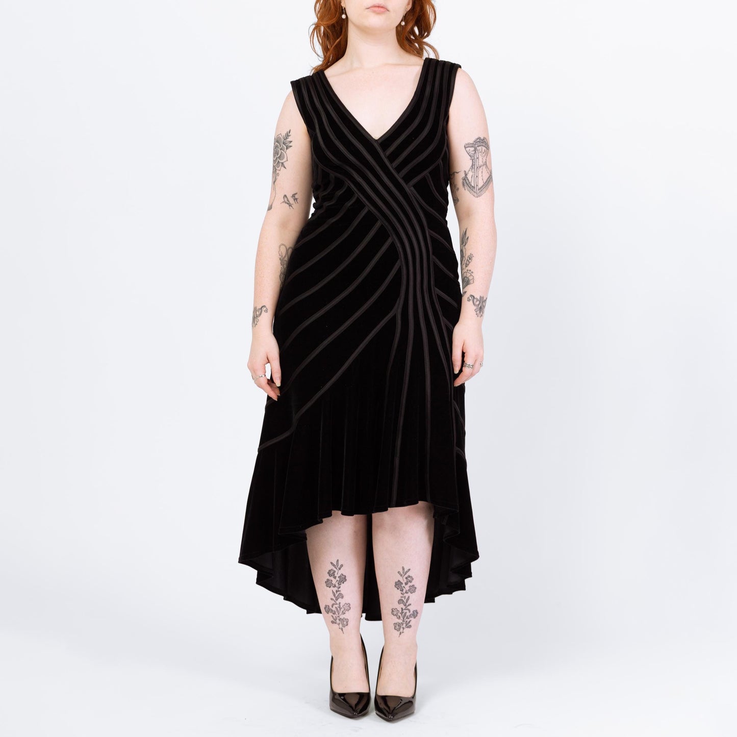 Vintage 90s Tadashi Black Velvet Ribbon Trim Mermaid Dress - Medium | Designer High Low Hem Maxi Evening Gown