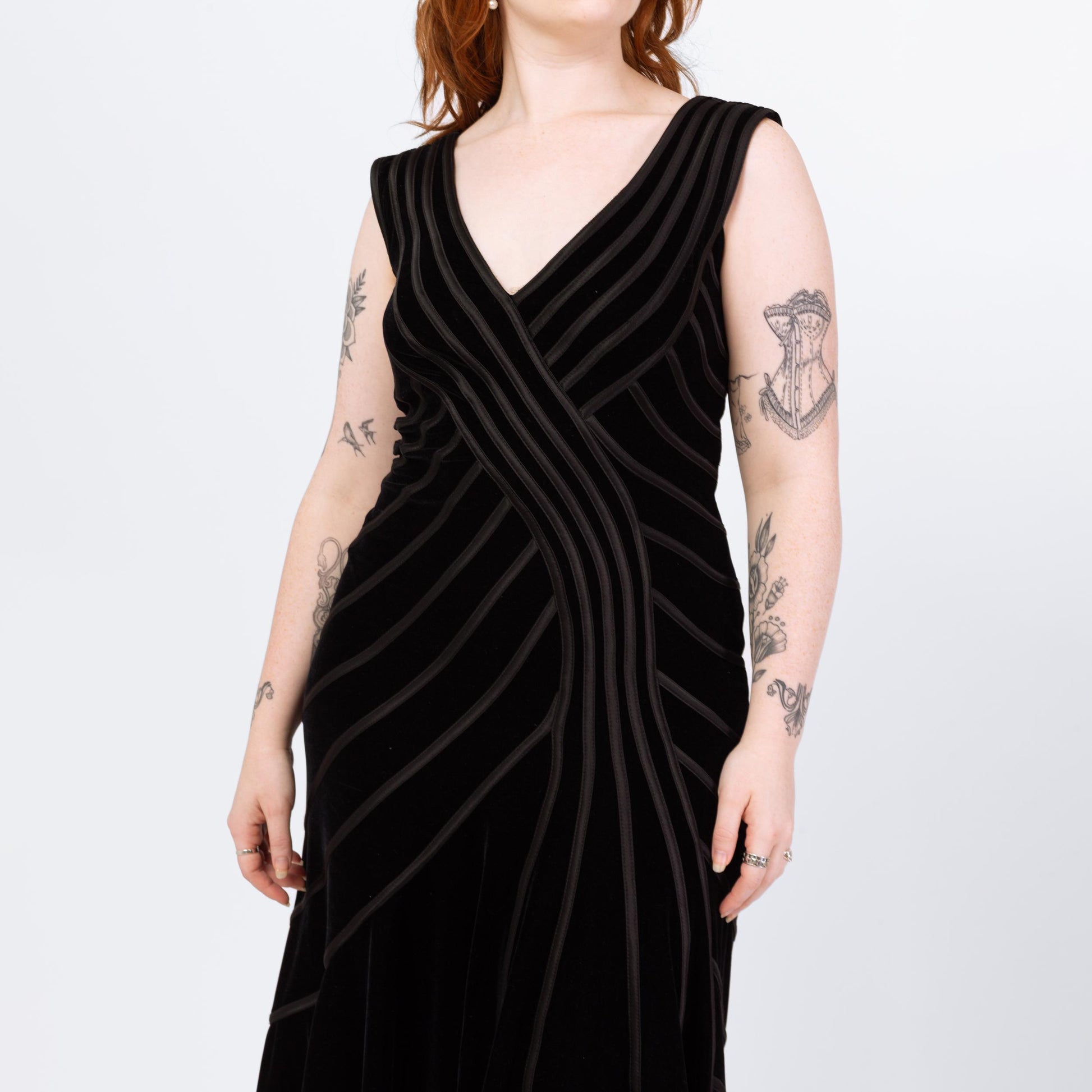 Vintage 90s Tadashi Black Velvet Ribbon Trim Mermaid Dress - Medium | Designer High Low Hem Maxi Evening Gown