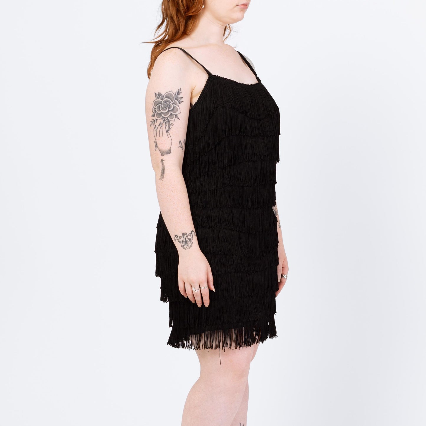 Vintage 90s Black Fringe Flapper Mini Dress - Large | Retro 1920s Great Gatsby Costume, Spaghetti Strap Party Dress