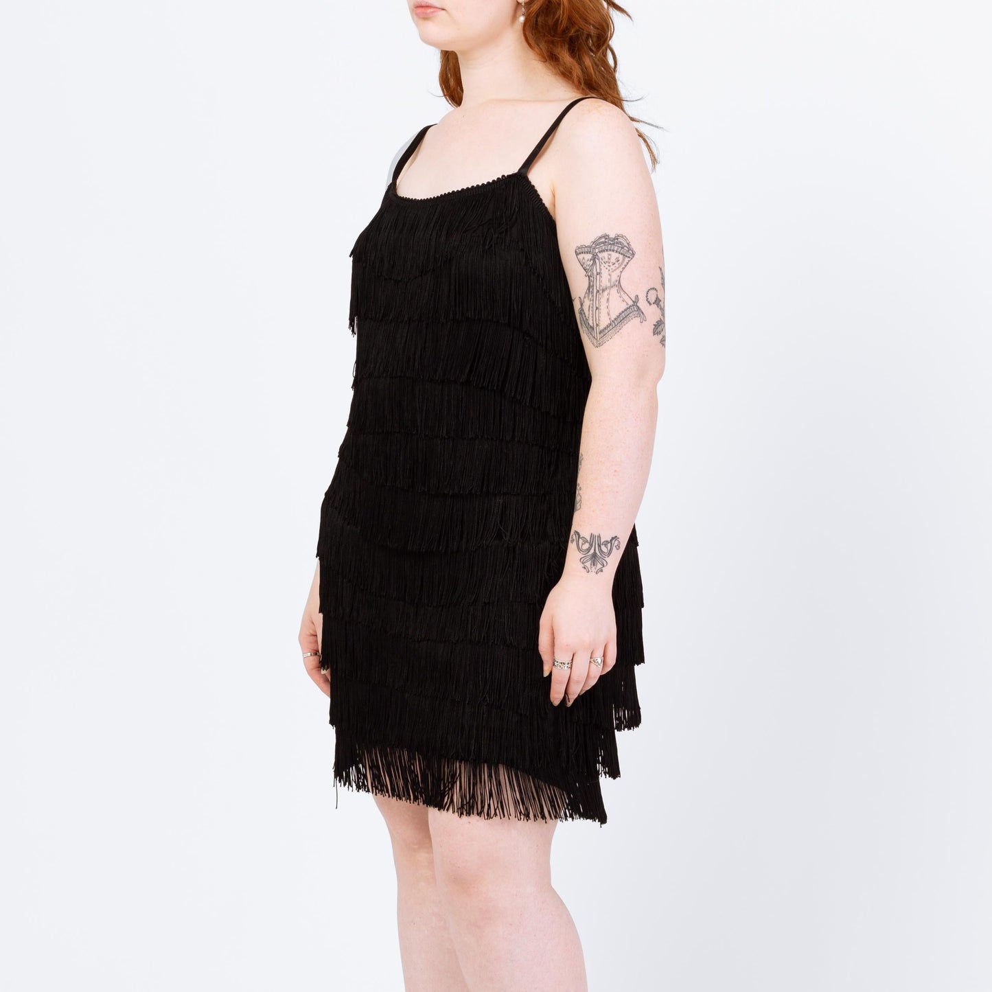 Vintage 90s Black Fringe Flapper Mini Dress - Large | Retro 1920s Great Gatsby Costume, Spaghetti Strap Party Dress
