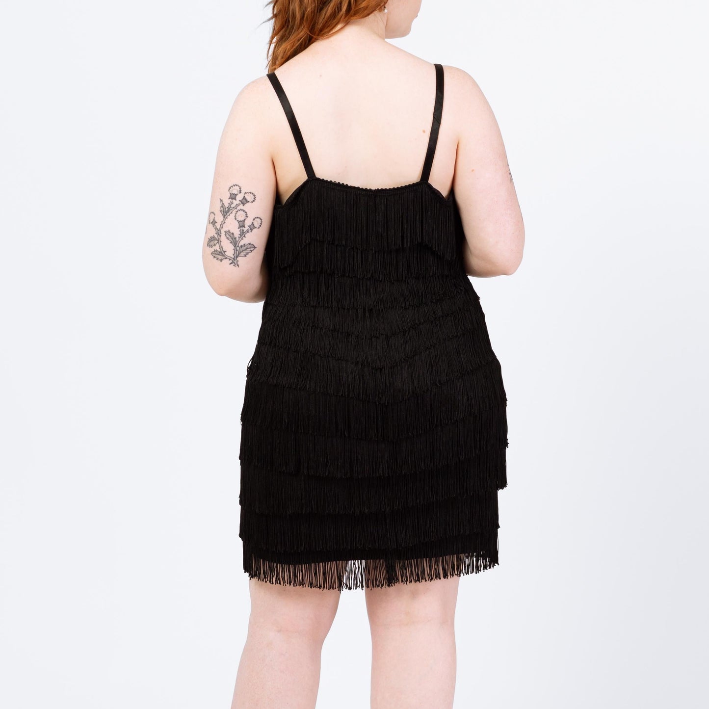Vintage 90s Black Fringe Flapper Mini Dress - Large | Retro 1920s Great Gatsby Costume, Spaghetti Strap Party Dress