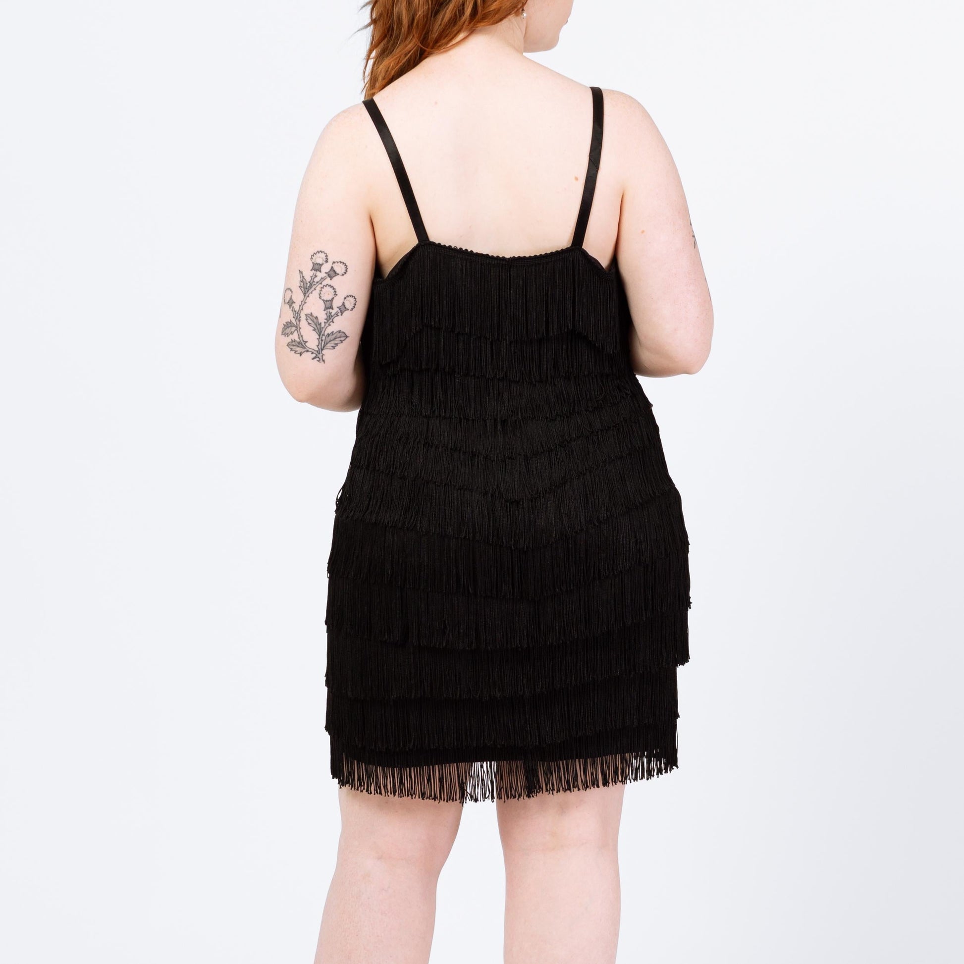 Vintage 90s Black Fringe Flapper Mini Dress - Large | Retro 1920s Great Gatsby Costume, Spaghetti Strap Party Dress