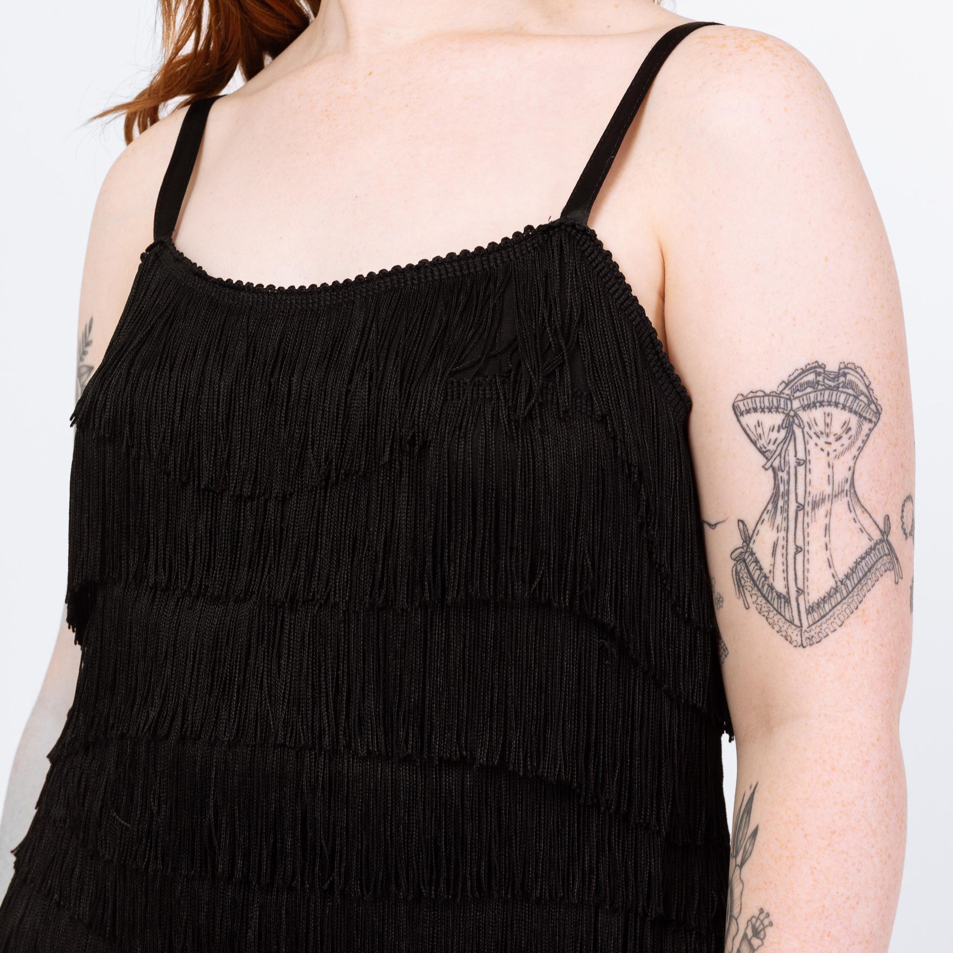 Vintage 90s Black Fringe Flapper Mini Dress - Large | Retro 1920s Great Gatsby Costume, Spaghetti Strap Party Dress