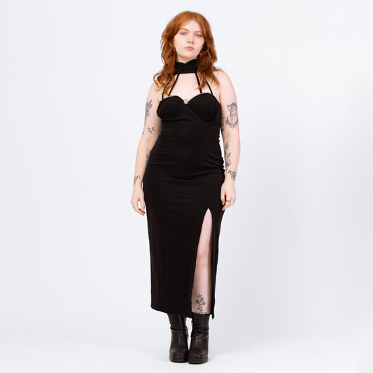 Vintage 90s Black Cage Neck Maxi Dress - Large | Sexy Strappy Collar Formal Party Evening Gown